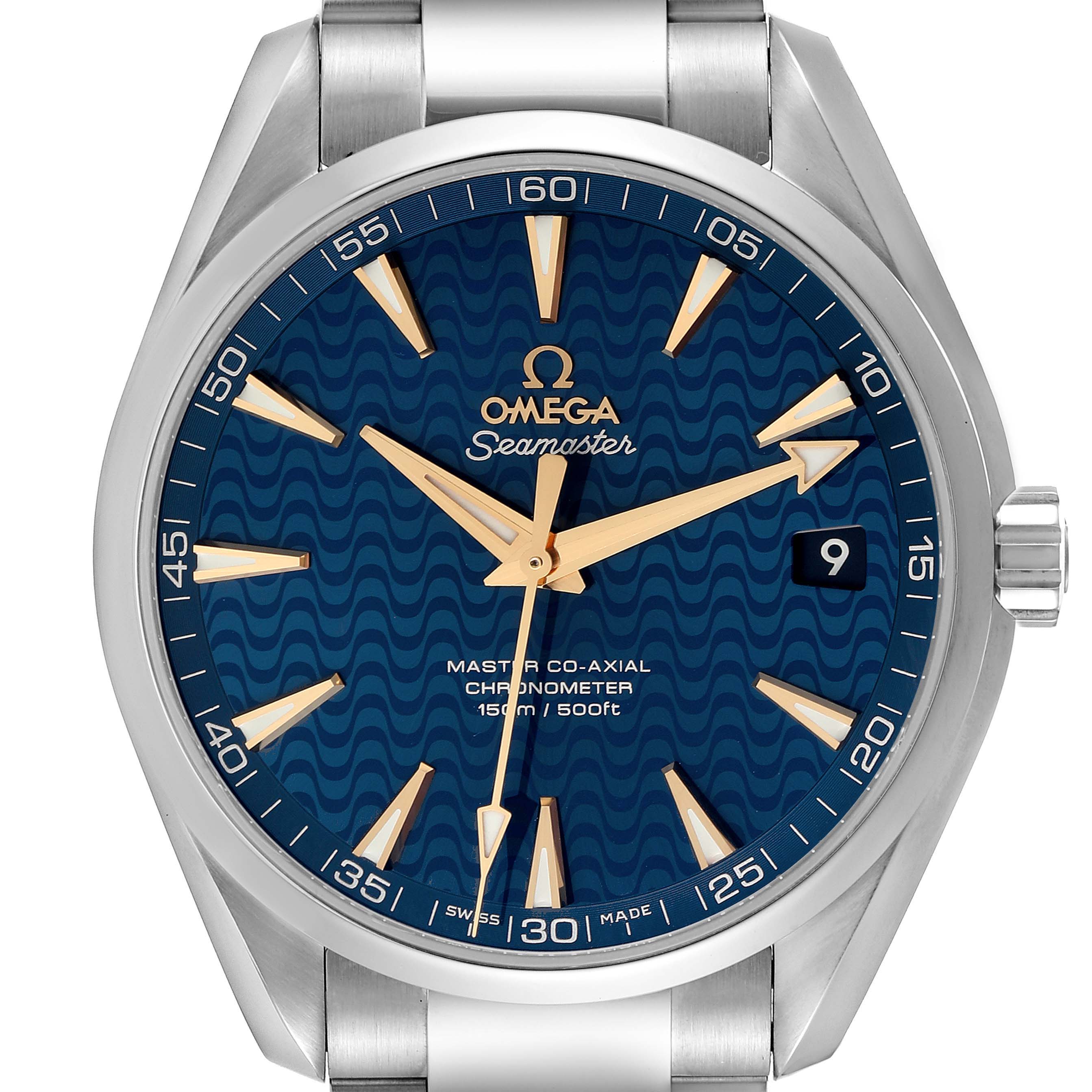 This image shows a close-up, frontal view of the Omega Seamaster Aqua Terra watch, highlighting its blue dial, hands, and bracelet.