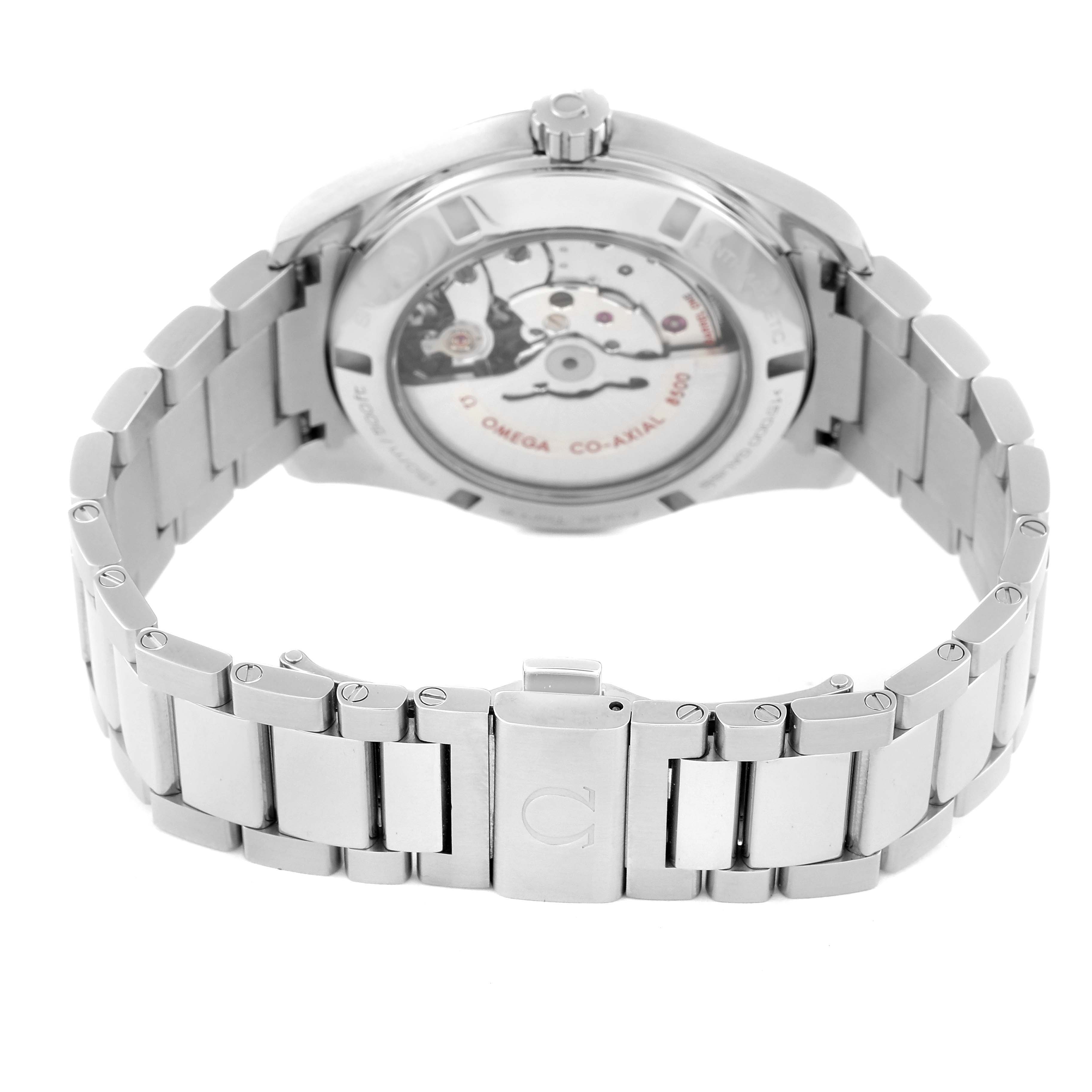 The image shows the back view of an Omega Aqua Terra 231.10.42.21.03.006 Men's Stainless Steel Blue Dial 231.10.42.21.03.006 Men's Stainless Steel Blue Dial watch, focusing on its decorated movement and stainless steel bracelet.