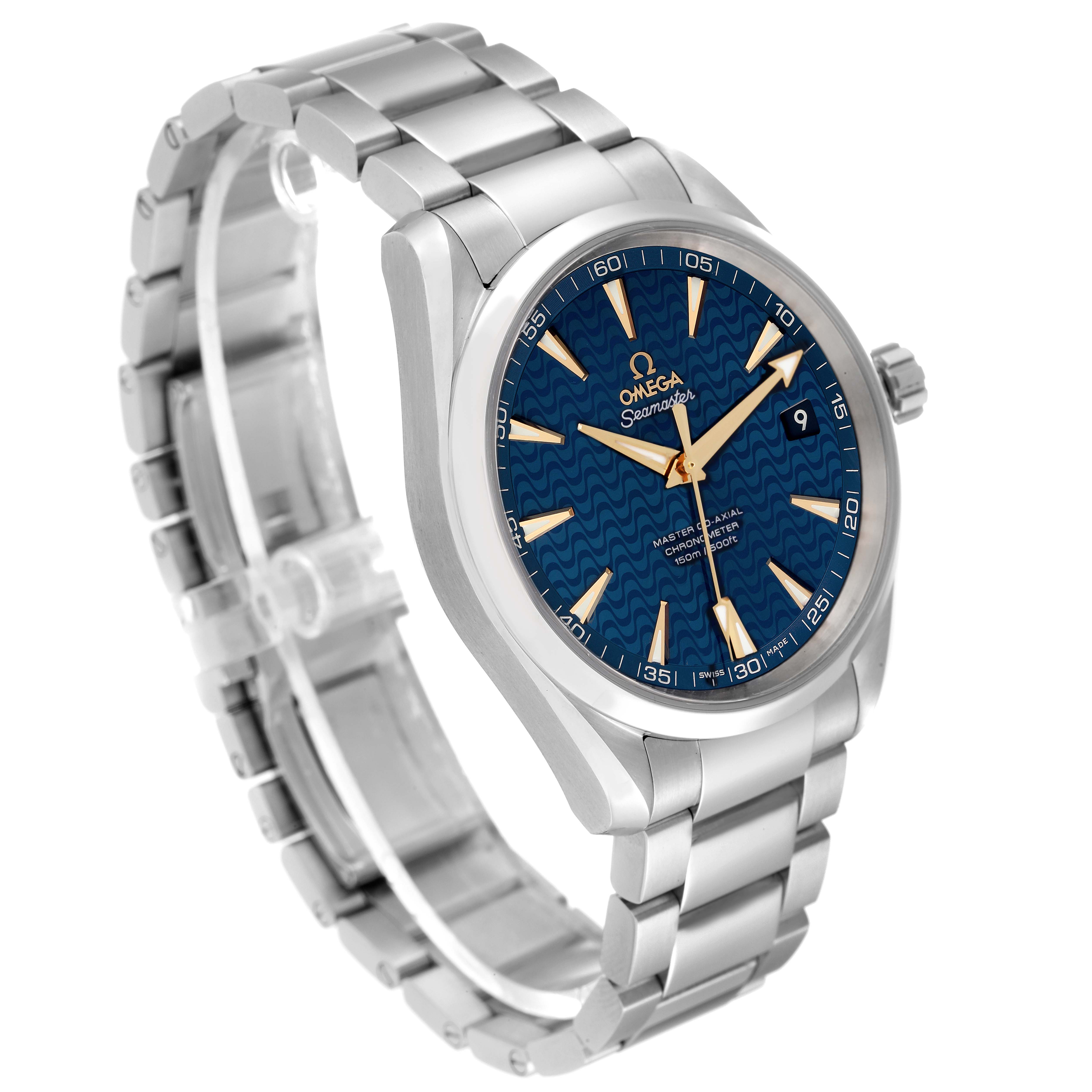 The image shows an Omega Aqua Terra 231.10.42.21.03.006 Men's Stainless Steel Blue Dial 231.10.42.21.03.006 Men's Stainless Steel Blue Dial watch at a slight angle, highlighting its blue dial, hands, bezel, and metal bracelet.