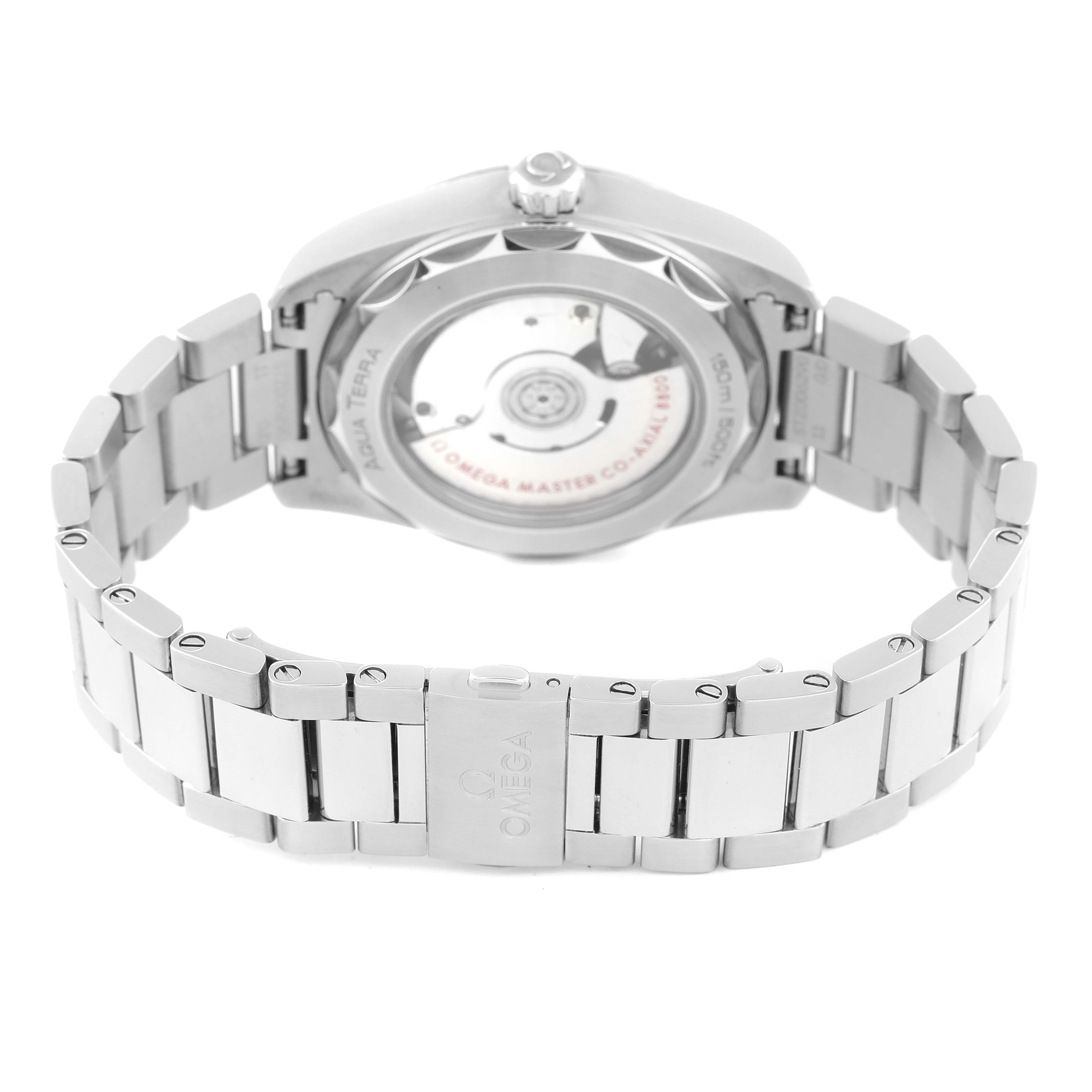 The image shows the back case and stainless steel bracelet of an Omega Aqua Terra 220.10.38.20.03.001 Men
s Stainless Steel Blue Dial 220.10.38.20.03.001 Men
s Stainless Steel Blue Dial watch.