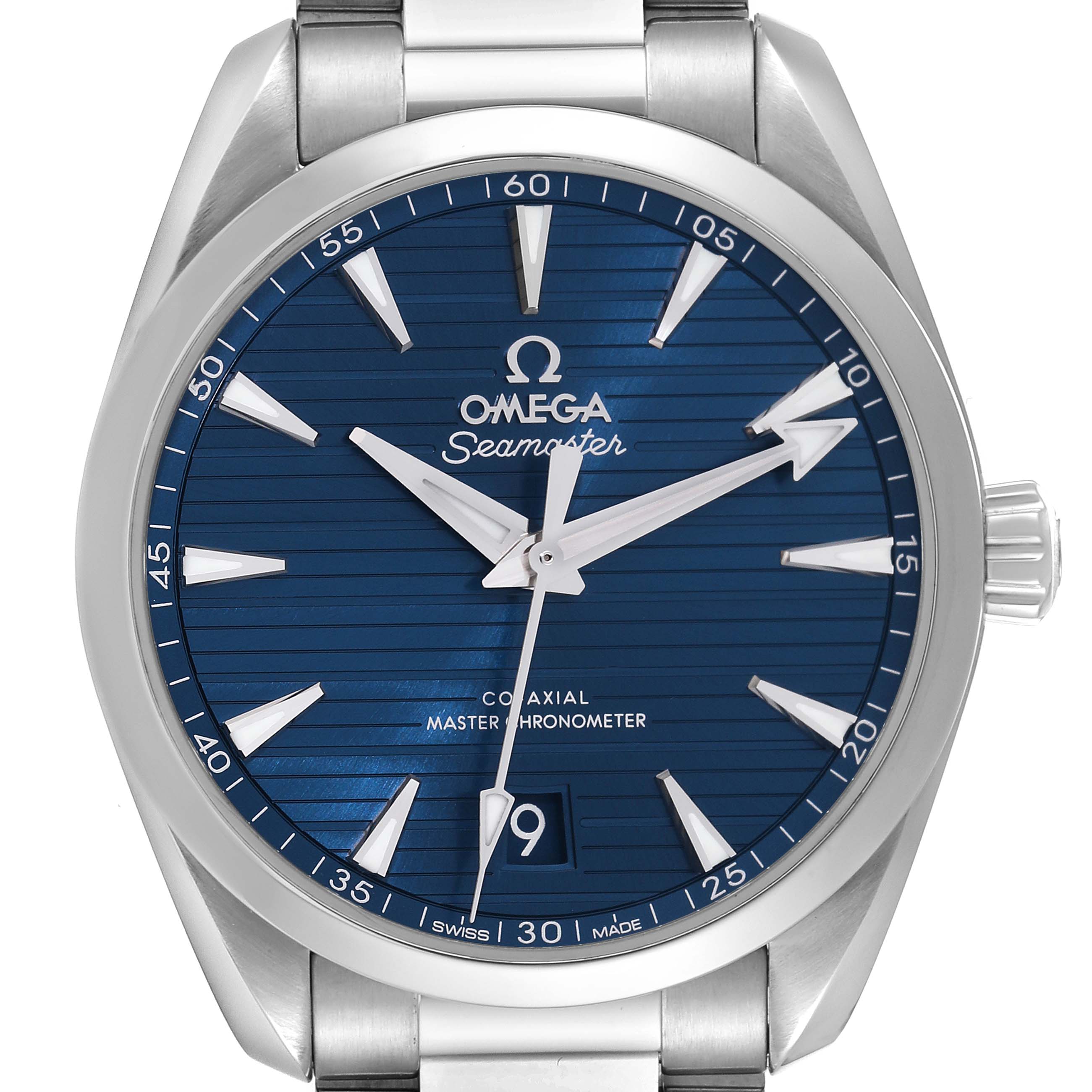 The image shows a front view of an Omega Aqua Terra 220.10.38.20.03.001 Men
s Stainless Steel Blue Dial 220.10.38.20.03.001 Men
s Stainless Steel Blue Dial model watch, highlighting the dial, hands, bezel, crown, and part of the bracelet.