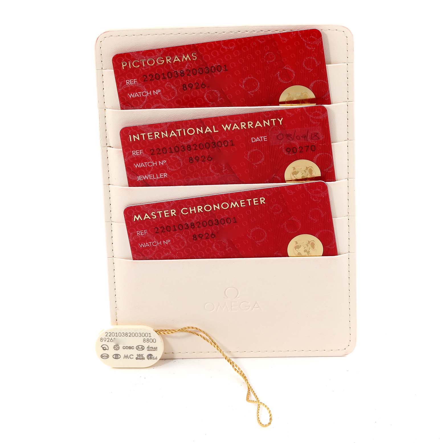 The image shows Omega Aqua Terra 220.10.38.20.03.001 Men
s Stainless Steel Blue Dial 220.10.38.20.03.001 Men
s Stainless Steel Blue Dial model
s warranty cards and pictograms in a holder, along with the model
s tag and string.