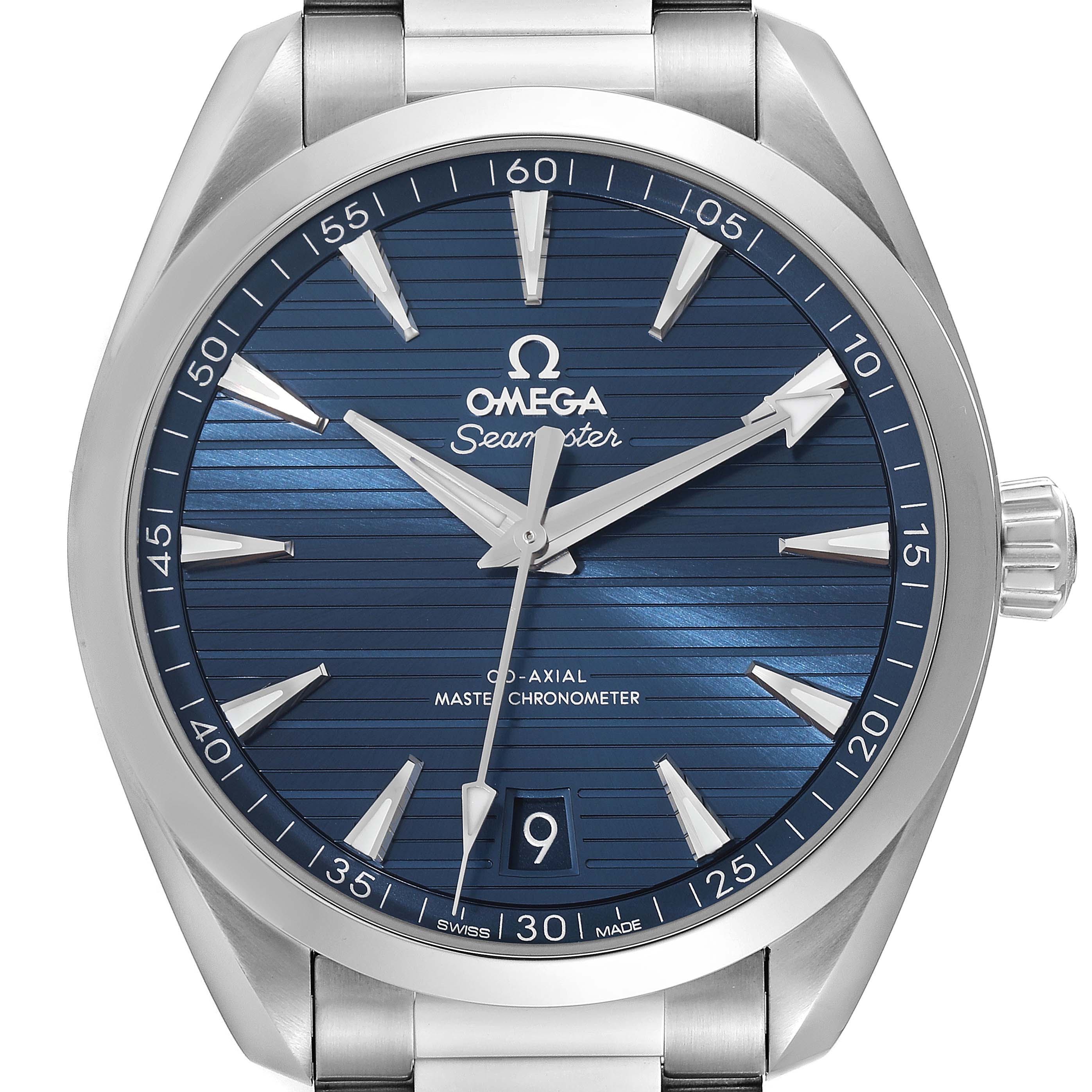 The image shows a front angle of an Omega Seamaster Aqua Terra watch, highlighting its blue dial and silver-tone hands and markers.