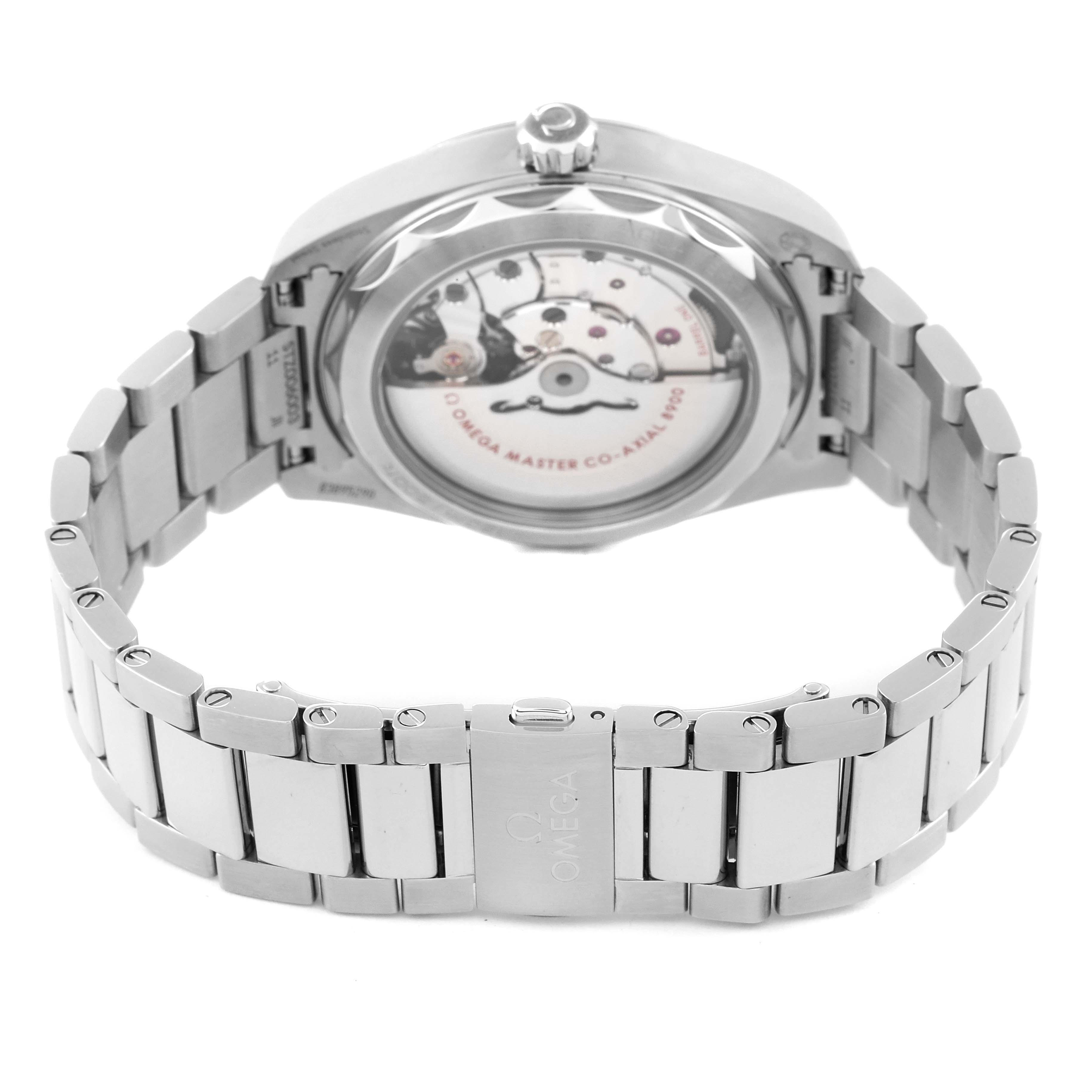 The image shows the back view of the Omega Aqua Terra 220.10.41.21.03.004 Men
s Stainless Steel Blue Dial 220.10.41.21.03.004 Men
s Stainless Steel Blue Dial watch, highlighting its stainless steel bracelet and open case back.