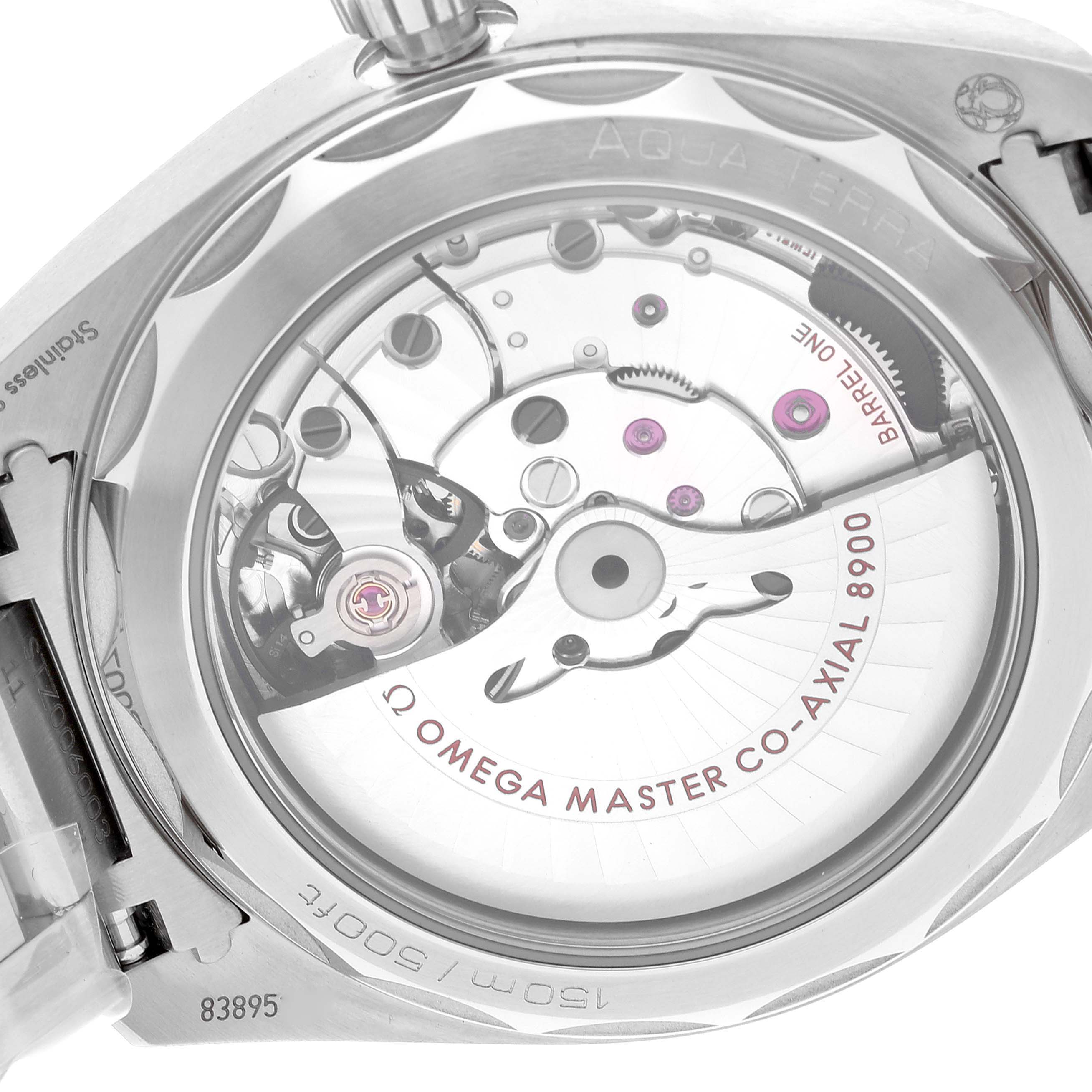 The image shows the movement and inner workings of the Omega Aqua Terra 220.10.41.21.03.004 Men
s Stainless Steel Blue Dial 220.10.41.21.03.004 Men
s Stainless Steel Blue Dial watch from a back view.