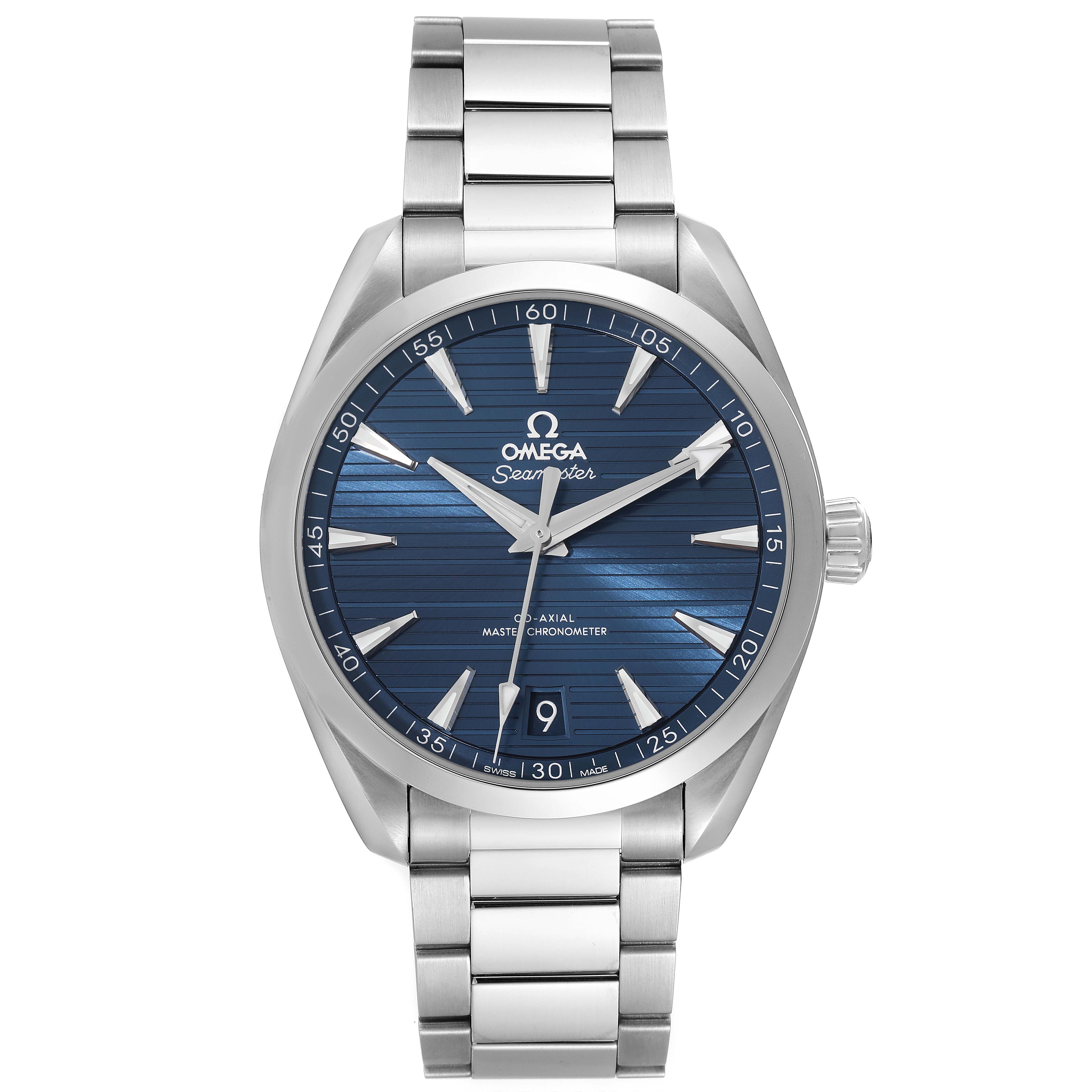This is a front view of the Omega Aqua Terra 220.10.41.21.03.004 Men
s Stainless Steel Blue Dial 220.10.41.21.03.004 Men
s Stainless Steel Blue Dial watch, showcasing the blue dial, stainless steel bracelet, and crown.