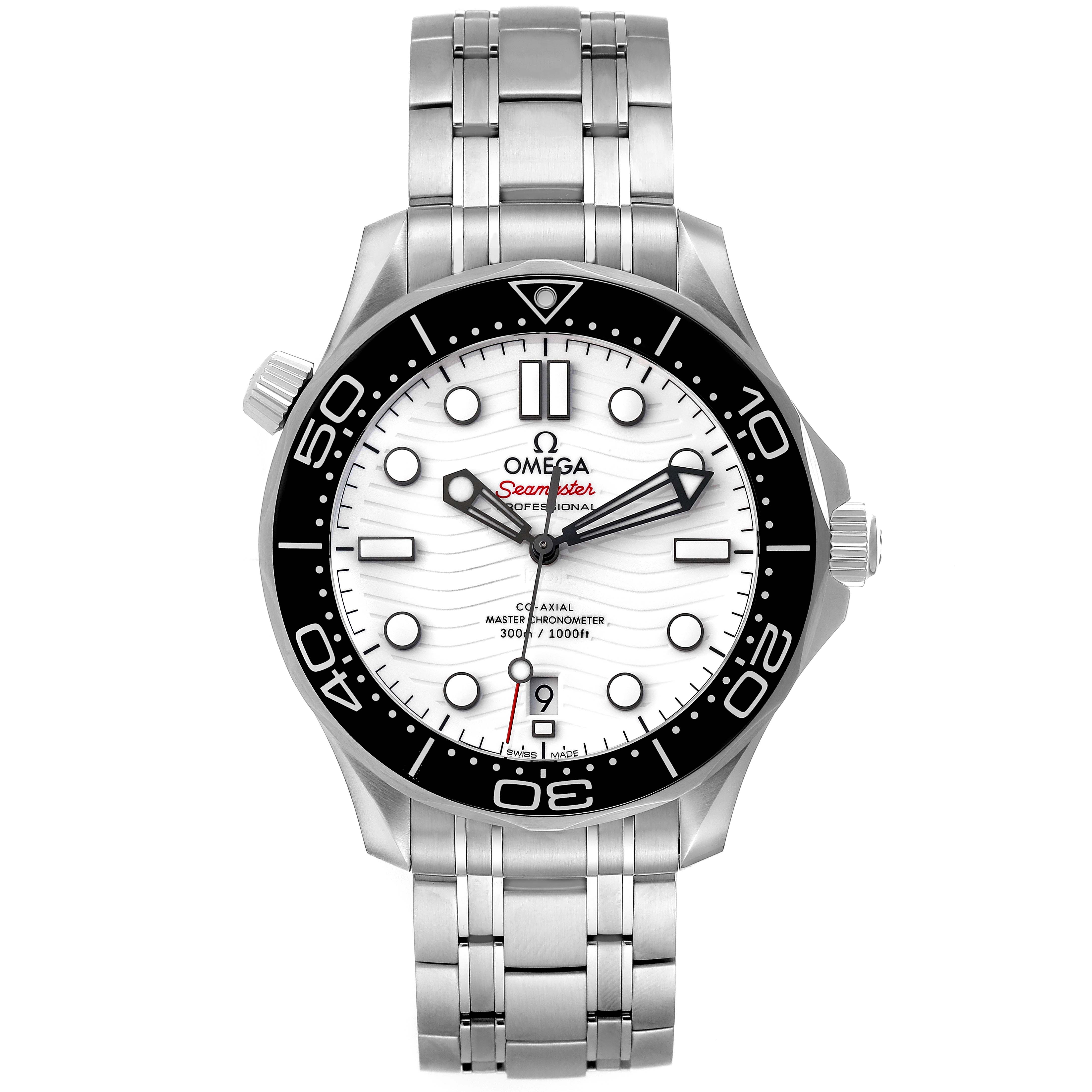 This image shows a front view of the Omega Seamaster 210.30.42.20.04.001 Men's Stainless Steel White Dial 210.30.42.20.04.001 Men's Stainless Steel White Dial watch with a stainless steel bracelet and a white dial.