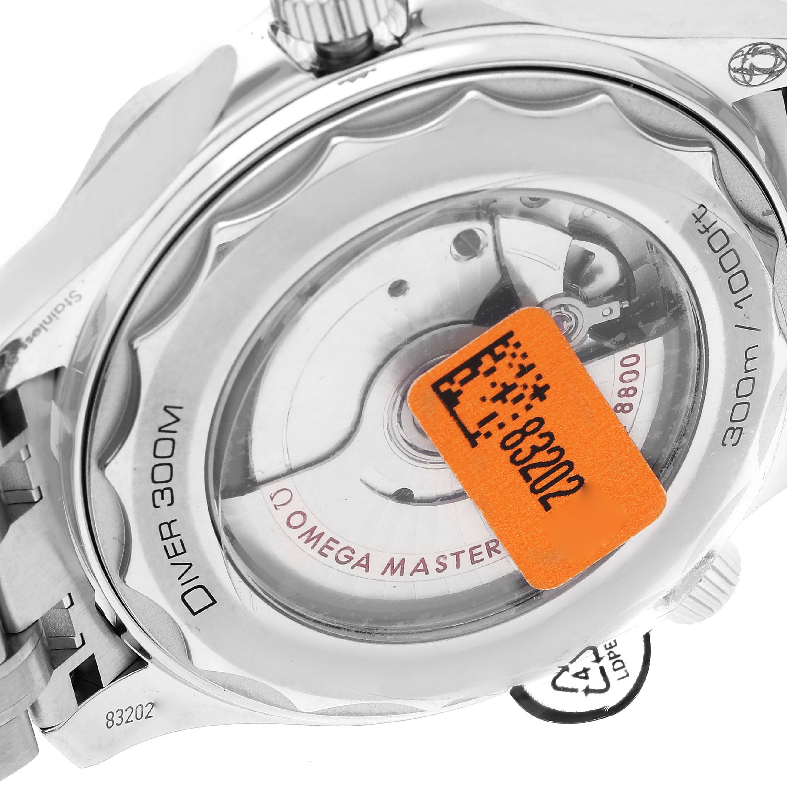 This image shows the back view of an Omega Seamaster 210.30.42.20.04.001 Men's Stainless Steel White Dial 210.30.42.20.04.001 Men's Stainless Steel White Dial watch, highlighting its transparent case back and internal mechanisms.