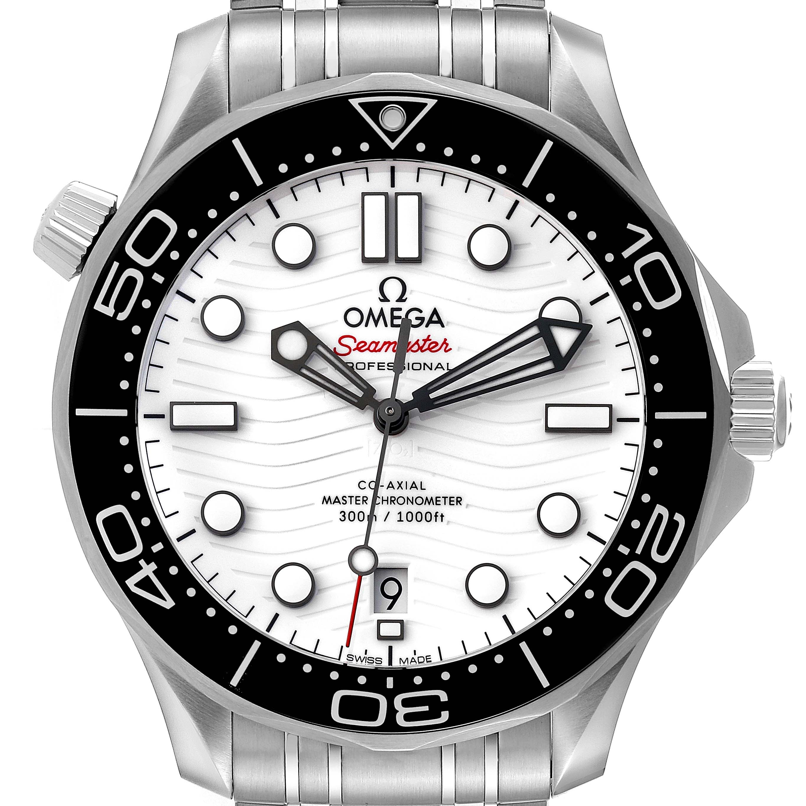 This image shows the front view of an Omega Seamaster 210.30.42.20.04.001 Men's Stainless Steel White Dial 210.30.42.20.04.001 Men's Stainless Steel White Dial watch, displaying its dial, bezel, and part of its bracelet.