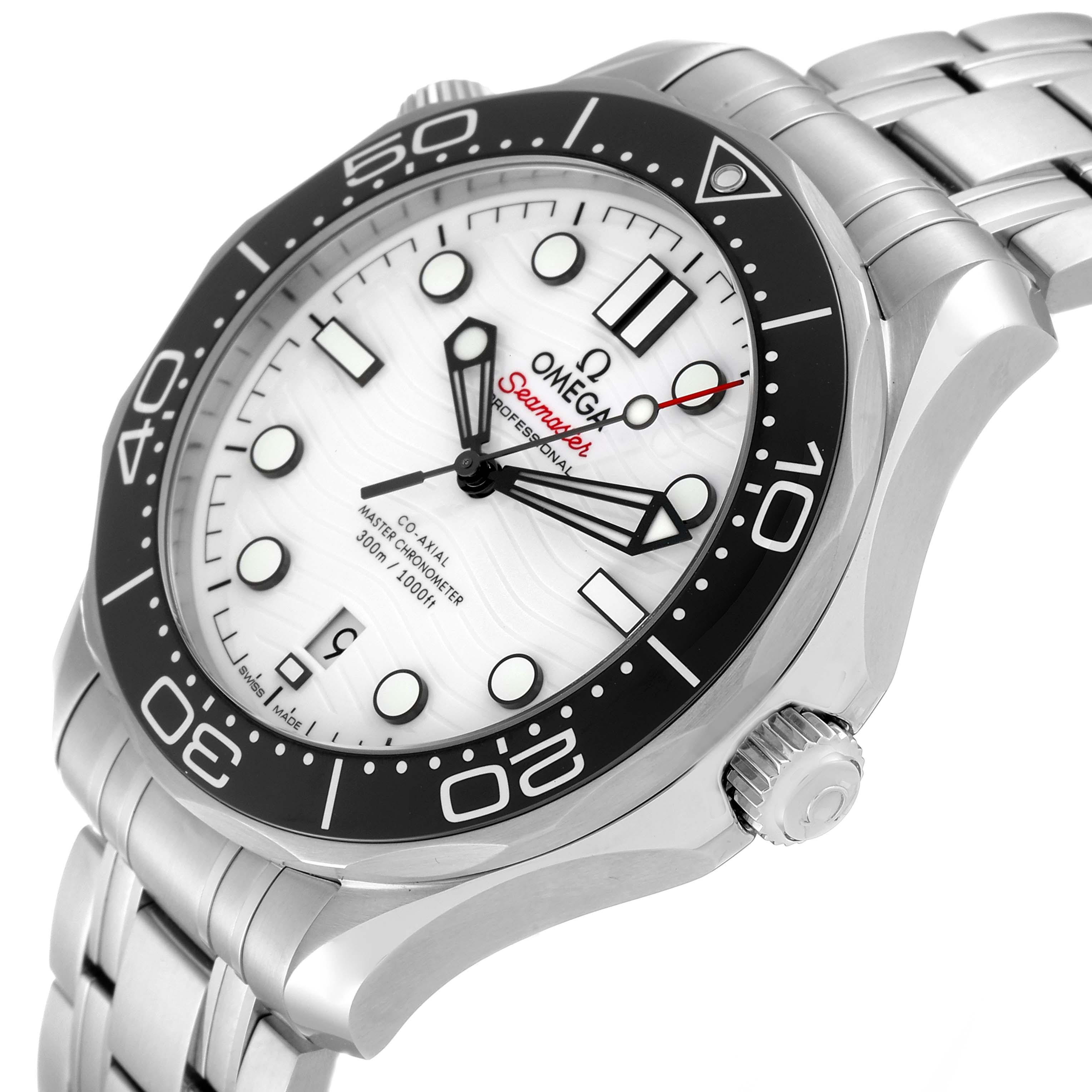 This image shows a front angled view of an Omega Seamaster 210.30.42.20.04.001 Men's Stainless Steel White Dial 210.30.42.20.04.001 Men's Stainless Steel White Dial watch, highlighting the face, bezel, and part of the bracelet.