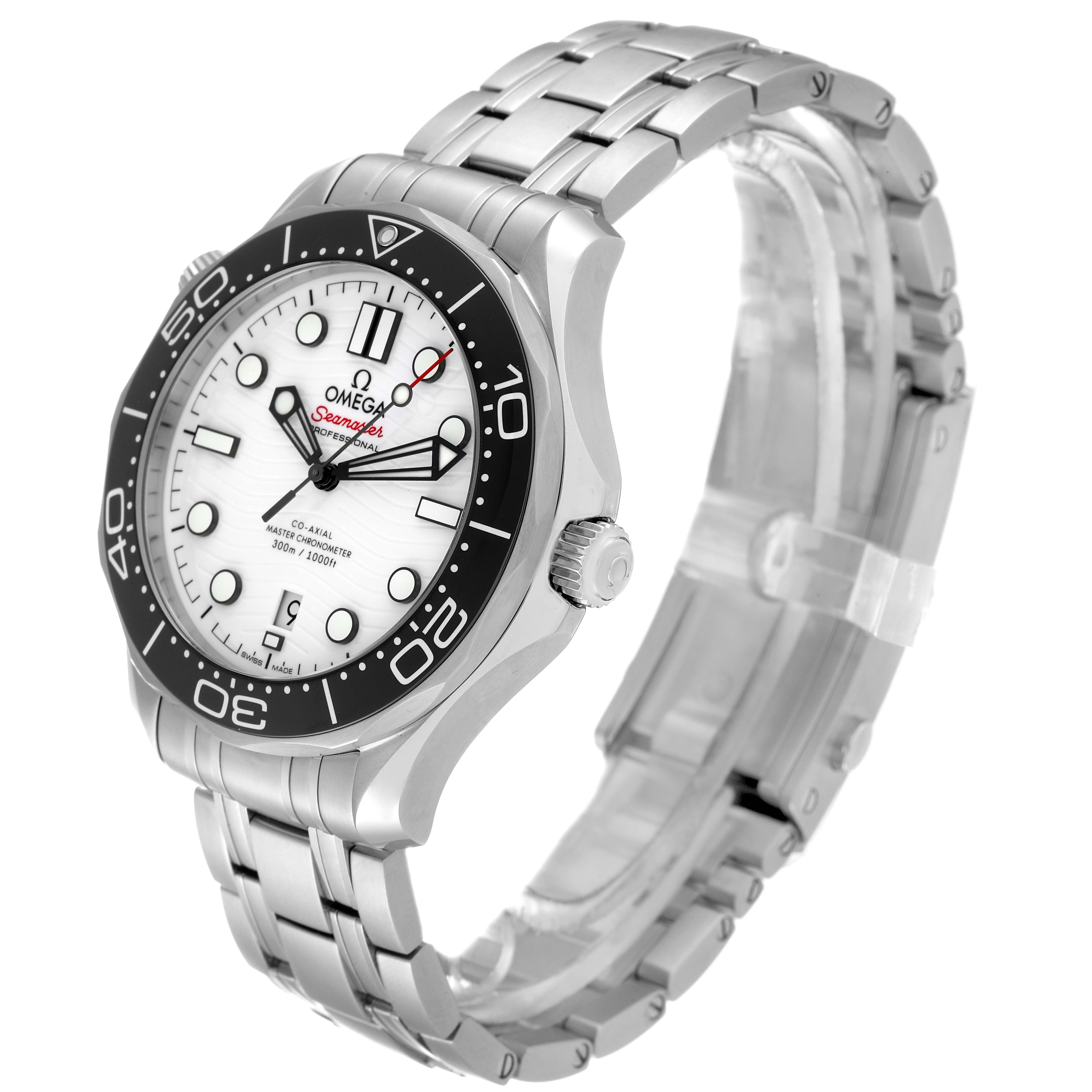 The image shows an Omega Seamaster 210.30.42.20.04.001 Men's Stainless Steel White Dial 210.30.42.20.04.001 Men's Stainless Steel White Dial watch at a three-quarter angle, highlighting the dial, bezel, crown, and bracelet.