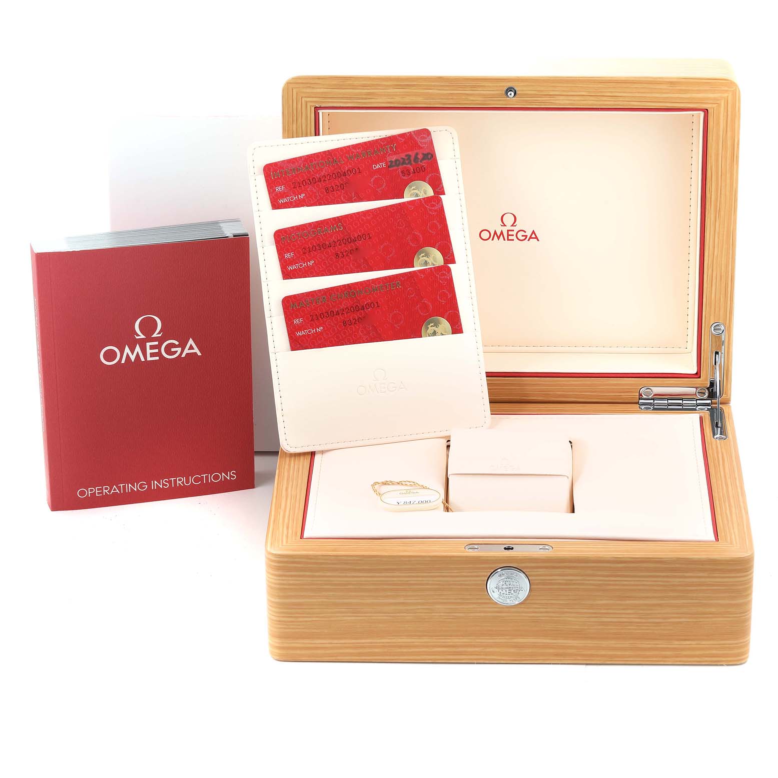 The image shows an open Omega Seamaster 210.30.42.20.04.001 Men's Stainless Steel White Dial 210.30.42.20.04.001 Men's Stainless Steel White Dial watch box with operating instructions and warranty cards.
