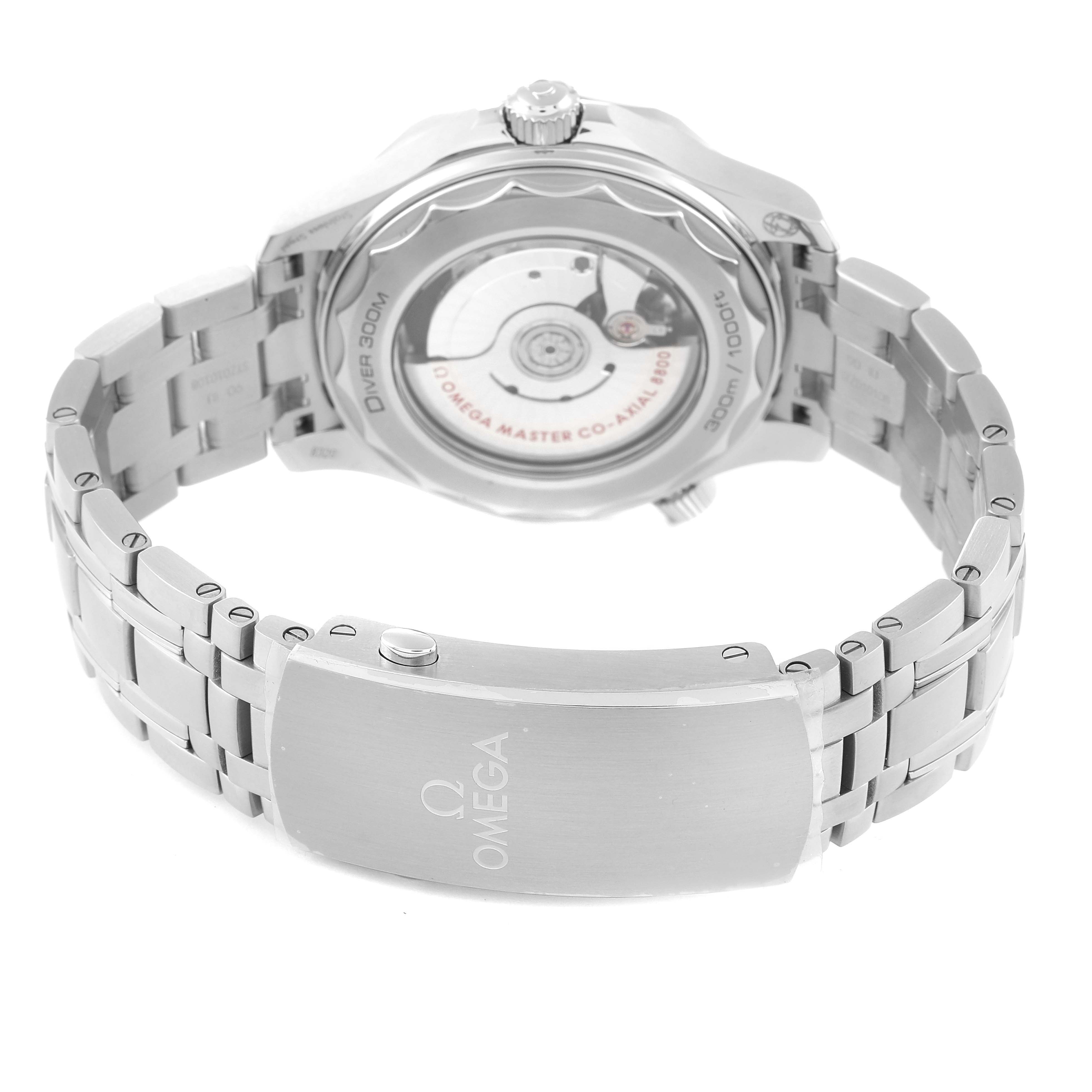 This image shows the back of an Omega Seamaster 210.30.42.20.04.001 Men's Stainless Steel White Dial 210.30.42.20.04.001 Men's Stainless Steel White Dial watch, highlighting its movement through a transparent case back and the metal bracelet.