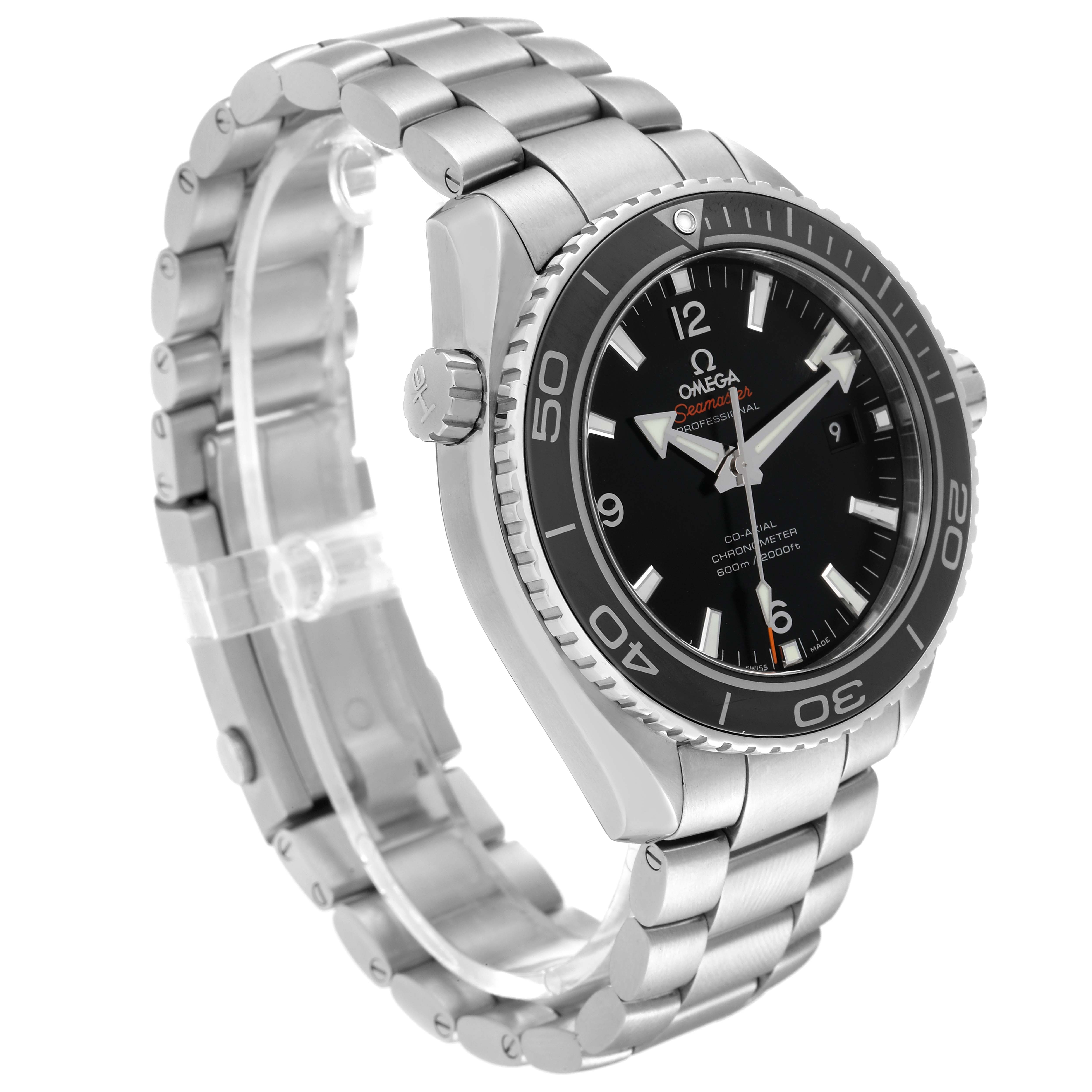 The Omega Planet Ocean 232.30.46.21.01.001 Men
s Stainless Steel Black Dial 232.30.46.21.01.001 Men
s Stainless Steel Black Dial watch is shown at a three-quarter angle, highlighting the face, bezel, crown, and stainless steel bracelet.