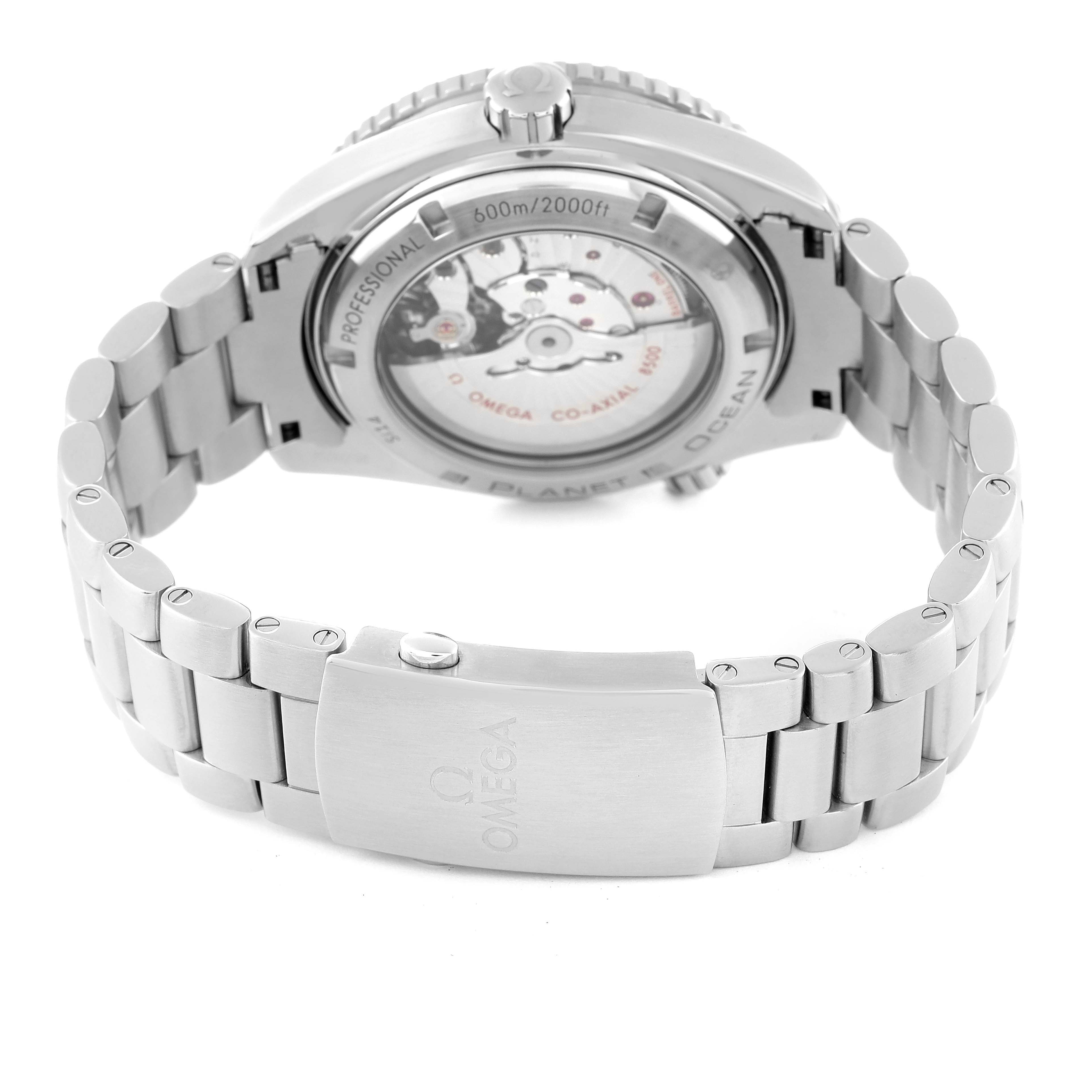 The image shows the back case and metal bracelet of the Omega Planet Ocean 232.30.46.21.01.001 Men
s Stainless Steel Black Dial 232.30.46.21.01.001 Men
s Stainless Steel Black Dial watch.