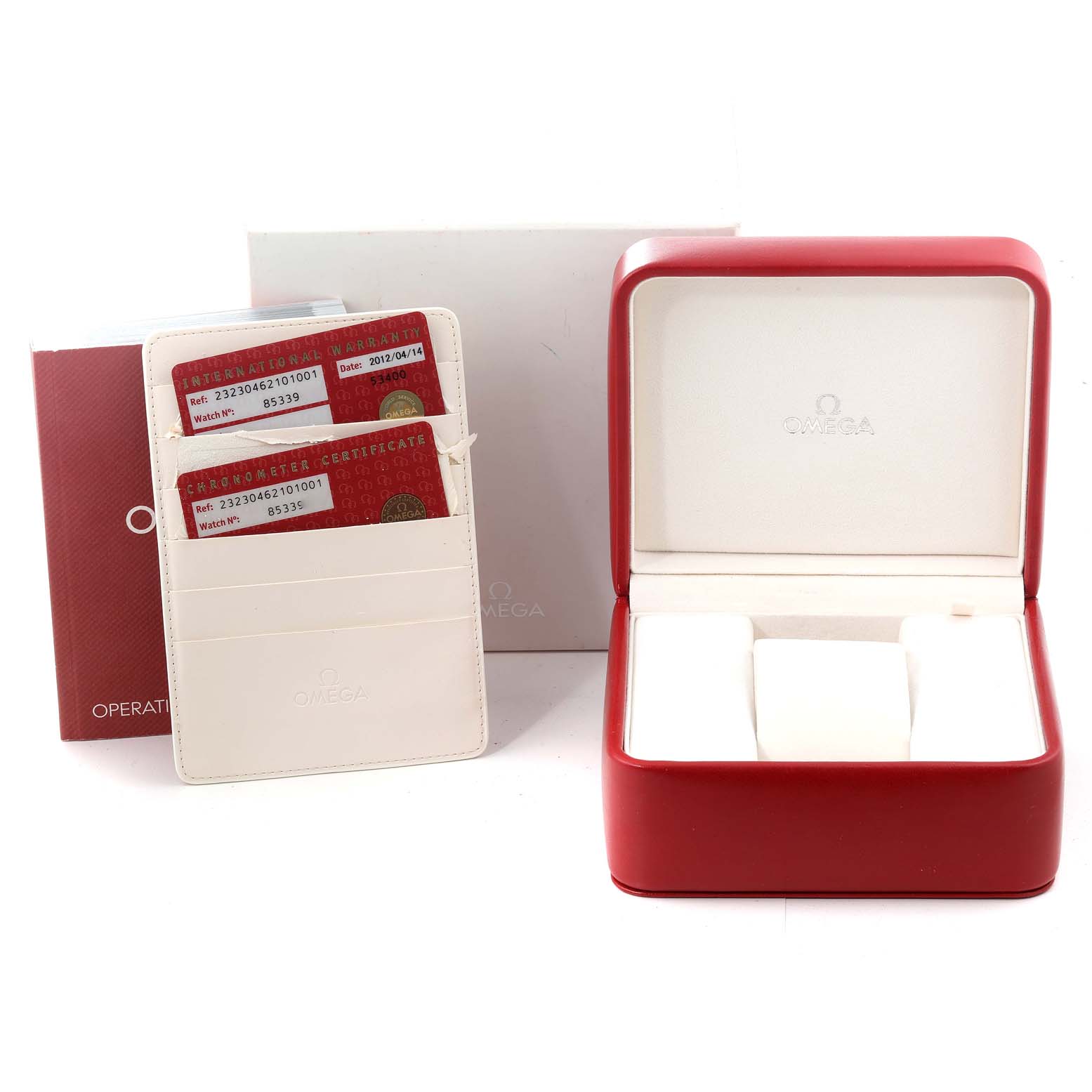 This image shows the Omega Planet Ocean 232.30.46.21.01.001 Men
s Stainless Steel Black Dial 232.30.46.21.01.001 Men
s Stainless Steel Black Dial watch box, warranty cards, and operating instructions from a slightly elevated front angle.