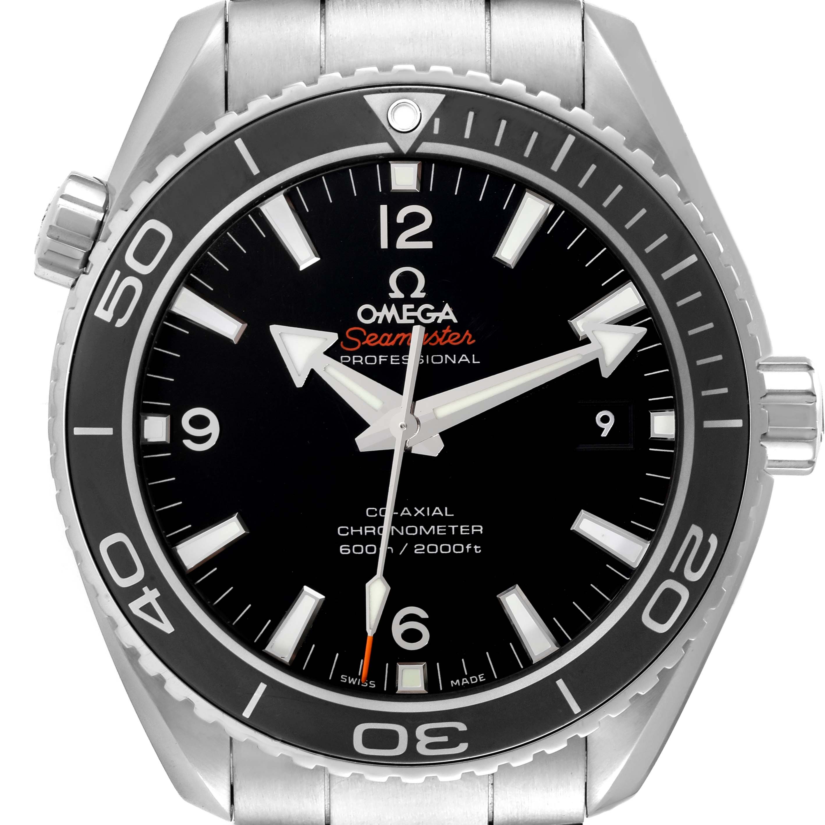 The image shows a front view of the Omega Planet Ocean 232.30.46.21.01.001 Men
s Stainless Steel Black Dial 232.30.46.21.01.001 Men
s Stainless Steel Black Dial model watch, highlighting the bezel, dial, and bracelet.