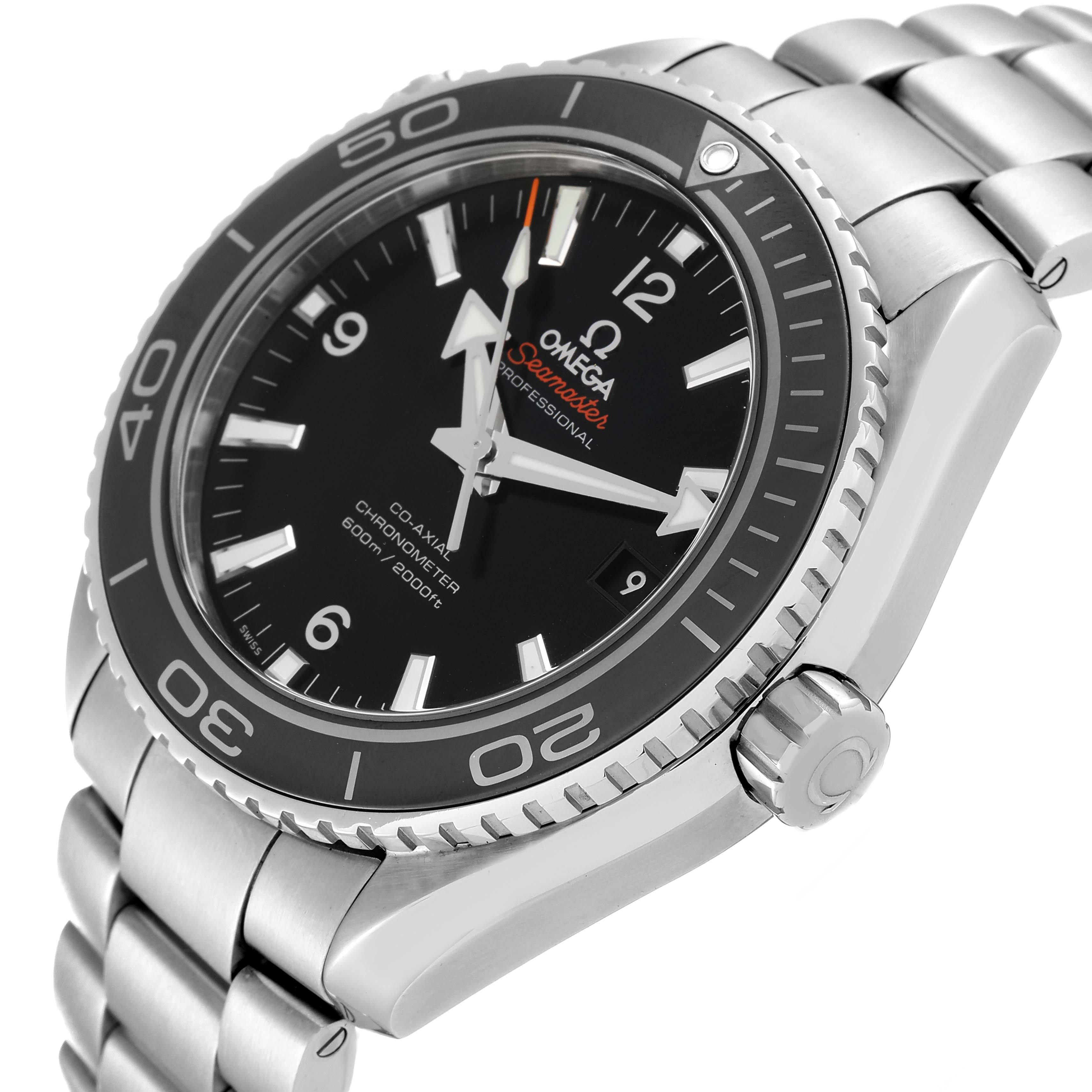 This is an angled view of the Omega Planet Ocean 232.30.46.21.01.001 Men
s Stainless Steel Black Dial 232.30.46.21.01.001 Men
s Stainless Steel Black Dial watch, showing the face, bezel, crown, and part of the stainless steel bracelet.