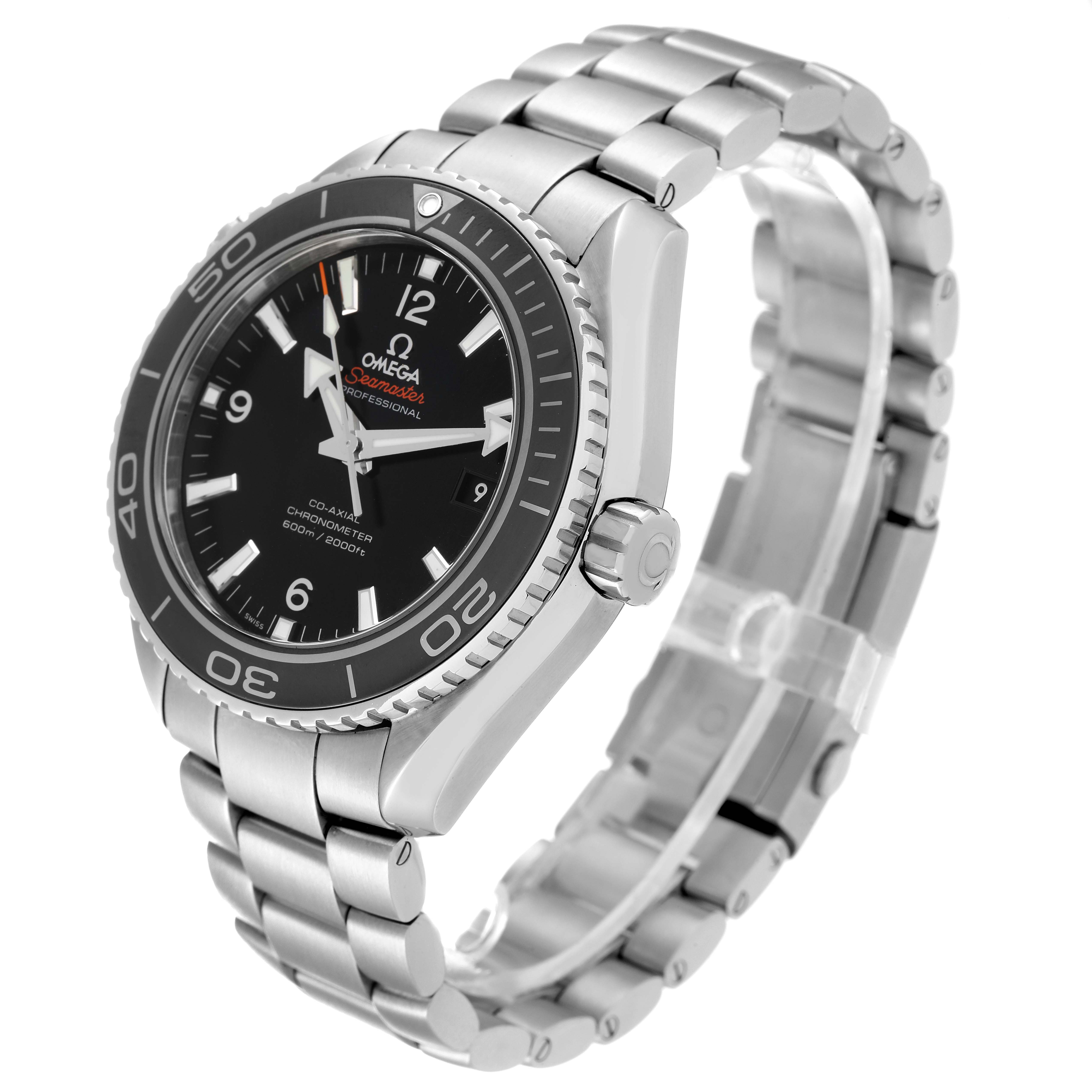 The image shows the Omega Planet Ocean 232.30.46.21.01.001 Men
s Stainless Steel Black Dial 232.30.46.21.01.001 Men
s Stainless Steel Black Dial watch at a three-quarter angle, highlighting the dial, bezel, bracelet, and crown.