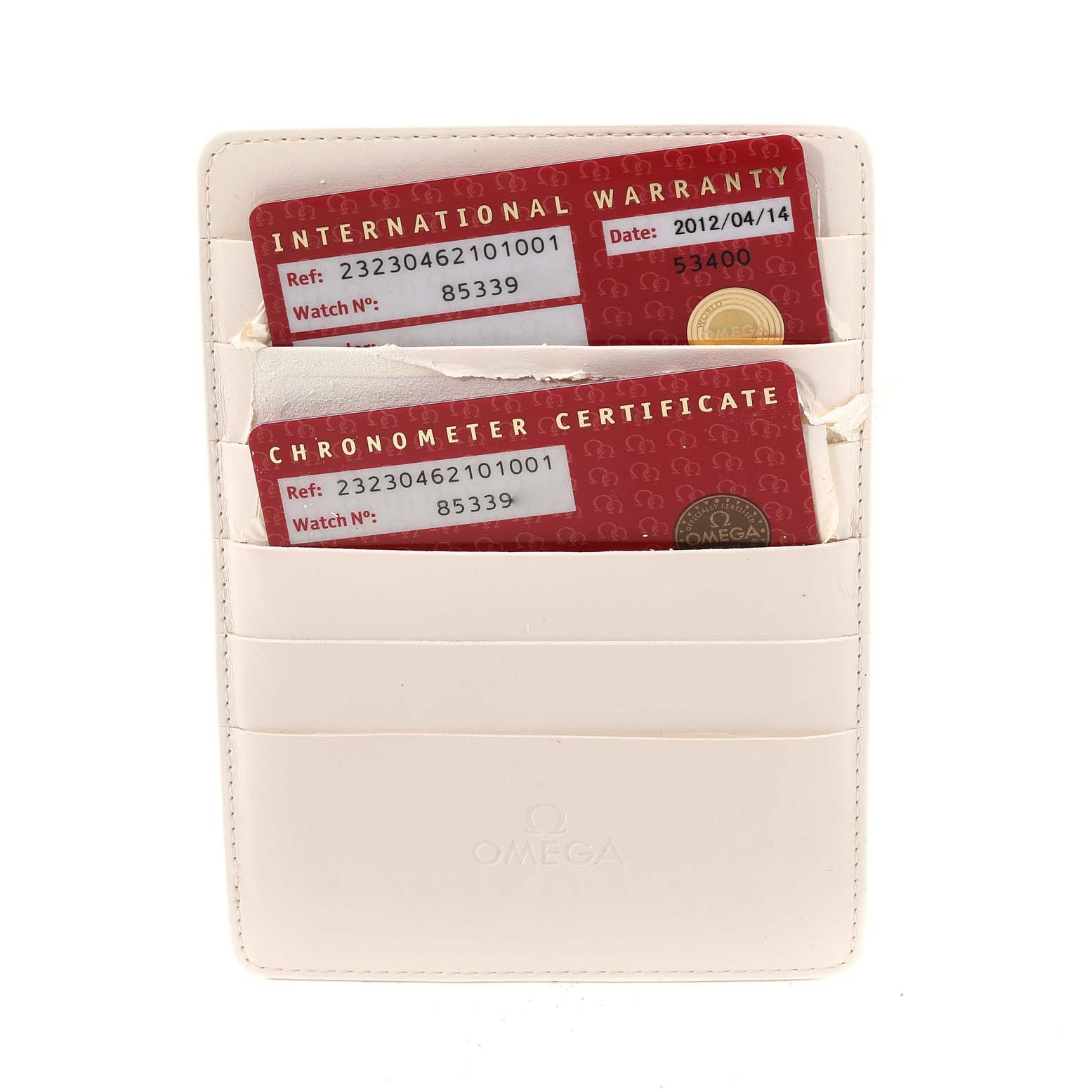 The image shows the warranty and chronometer certificate of an Omega Planet Ocean 232.30.46.21.01.001 Men
s Stainless Steel Black Dial 232.30.46.21.01.001 Men
s Stainless Steel Black Dial watch in a white cardholder.