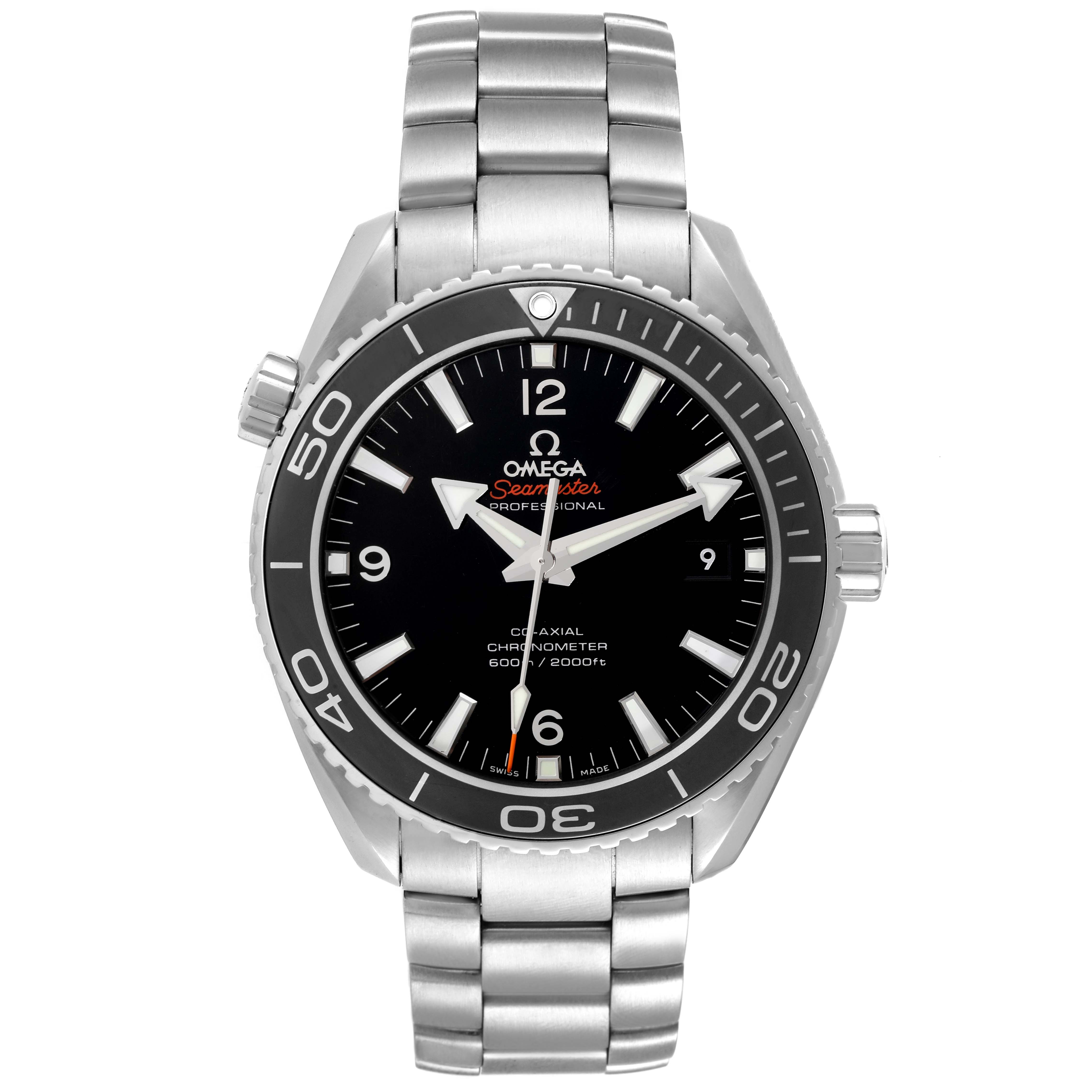 This image shows a front view of the Omega Planet Ocean 232.30.46.21.01.001 Men
s Stainless Steel Black Dial 232.30.46.21.01.001 Men
s Stainless Steel Black Dial watch, highlighting the dial, bezel, and stainless steel bracelet.