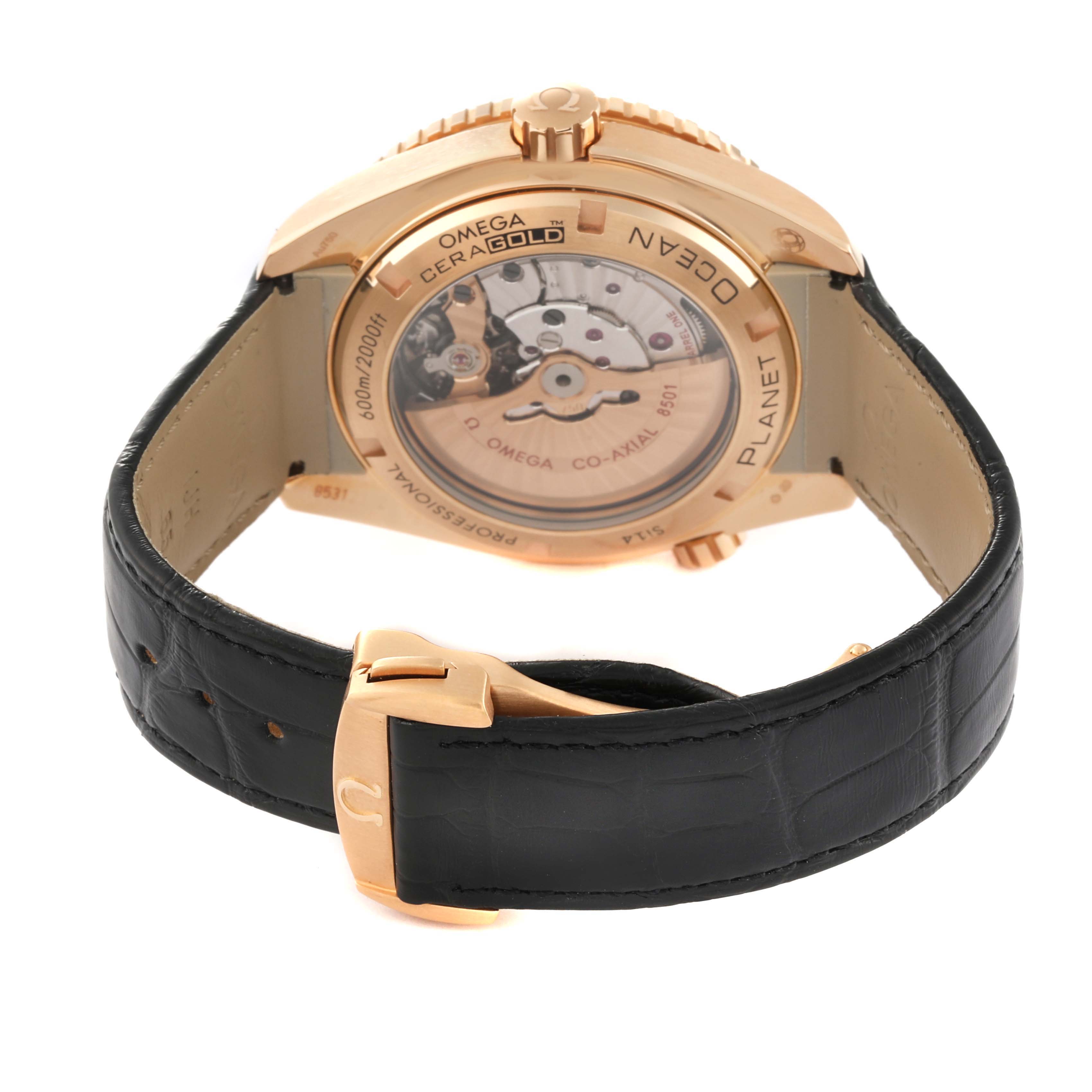 The image shows the back view of an Omega Seamaster watch, highlighting the transparent case back, movement, and leather strap with a gold buckle.