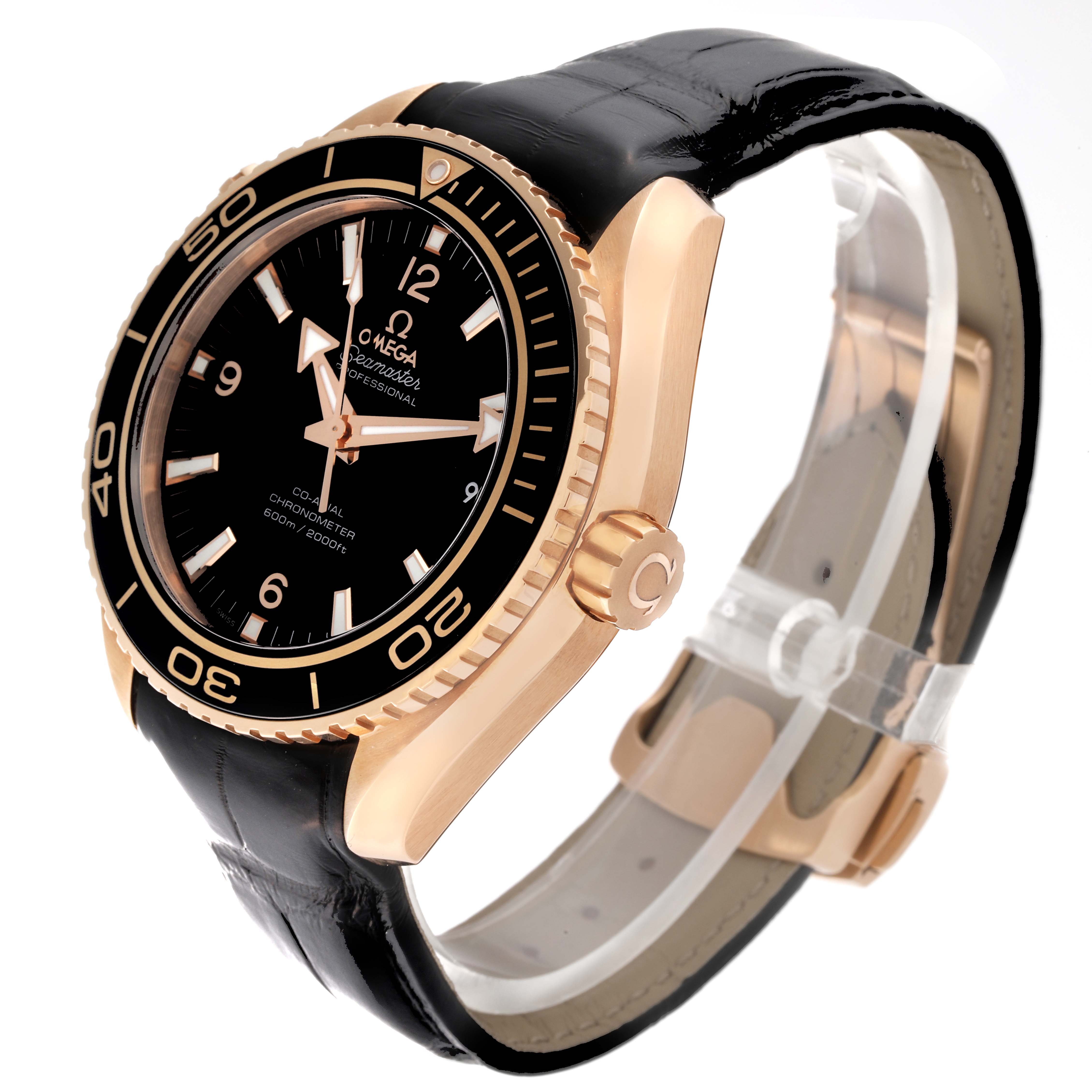 This Omega Seamaster watch is shown at a 3/4 angle, highlighting the dial, bezel, case, crown, and leather strap.