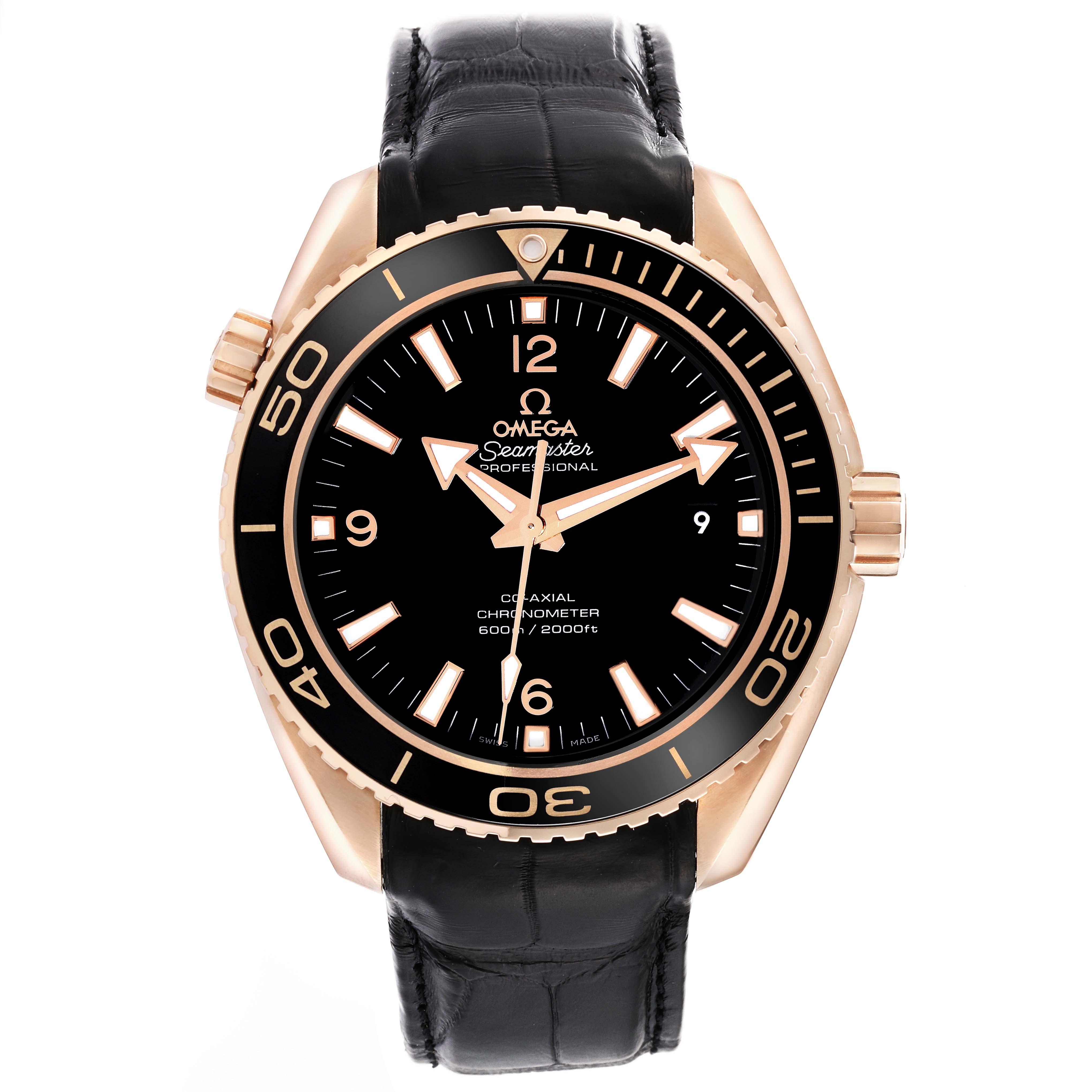 The image shows a frontal view of the Omega Seamaster watch, featuring its black dial, gold accents, bezel, and leather strap.