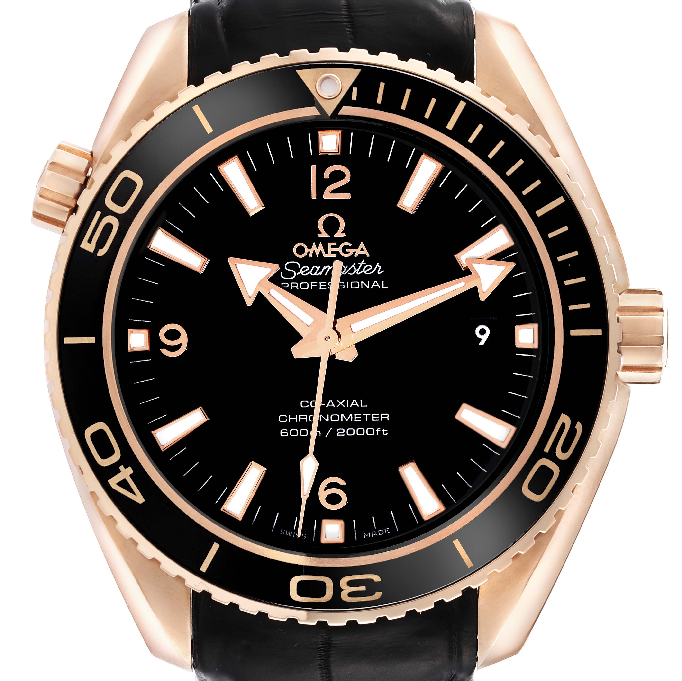 The image shows a frontal view of the Omega Seamaster watch, highlighting its black bezel, dial, and leather strap.
