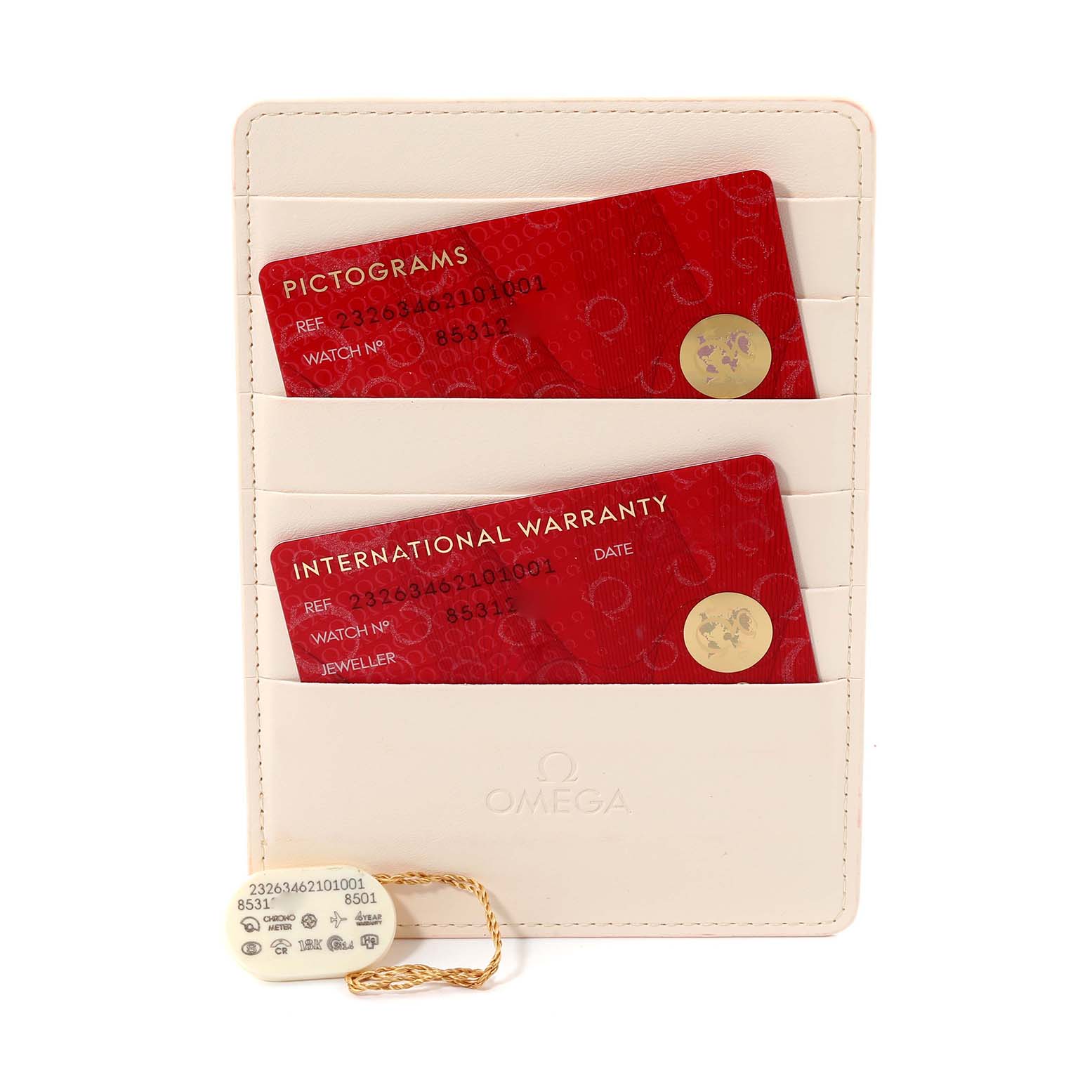 This image shows Omega Seamaster model warranty and pictogram cards in a holder, along with a price tag.