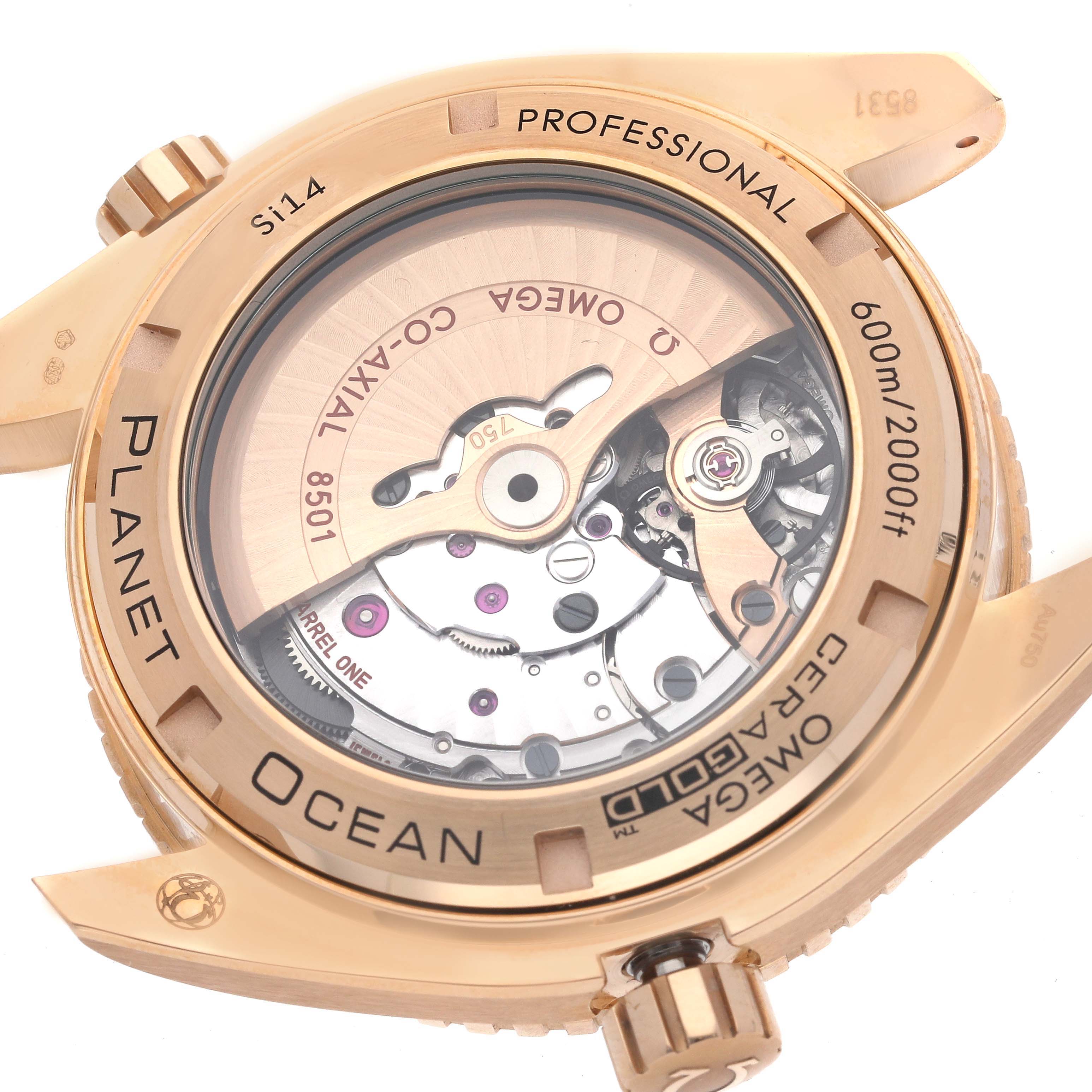 This image shows the back case and internal mechanism of the Omega Seamaster Planet Ocean watch at an angle.