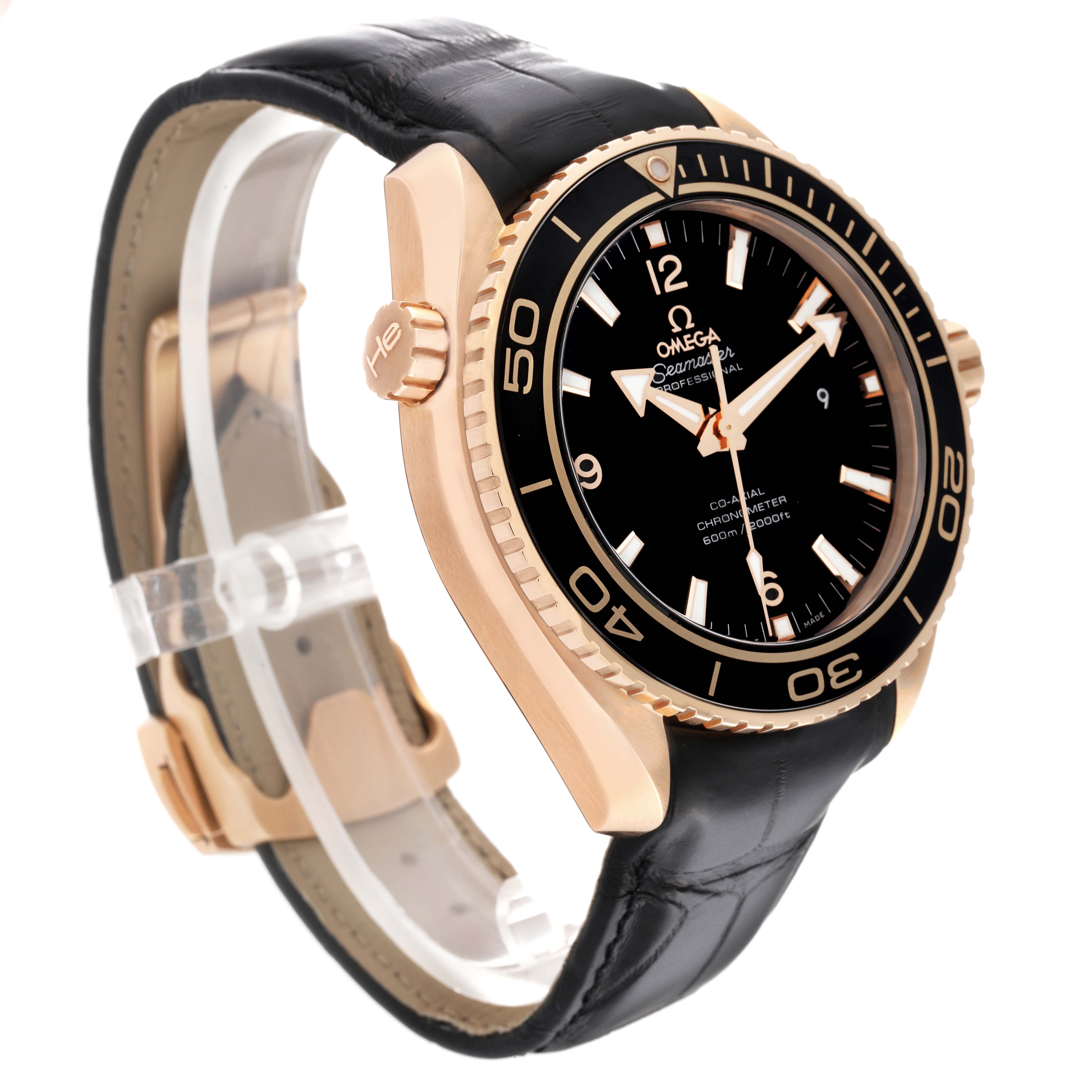 The image shows a side angle of the Omega Seamaster watch, highlighting the face, bezel, crown, and leather strap.