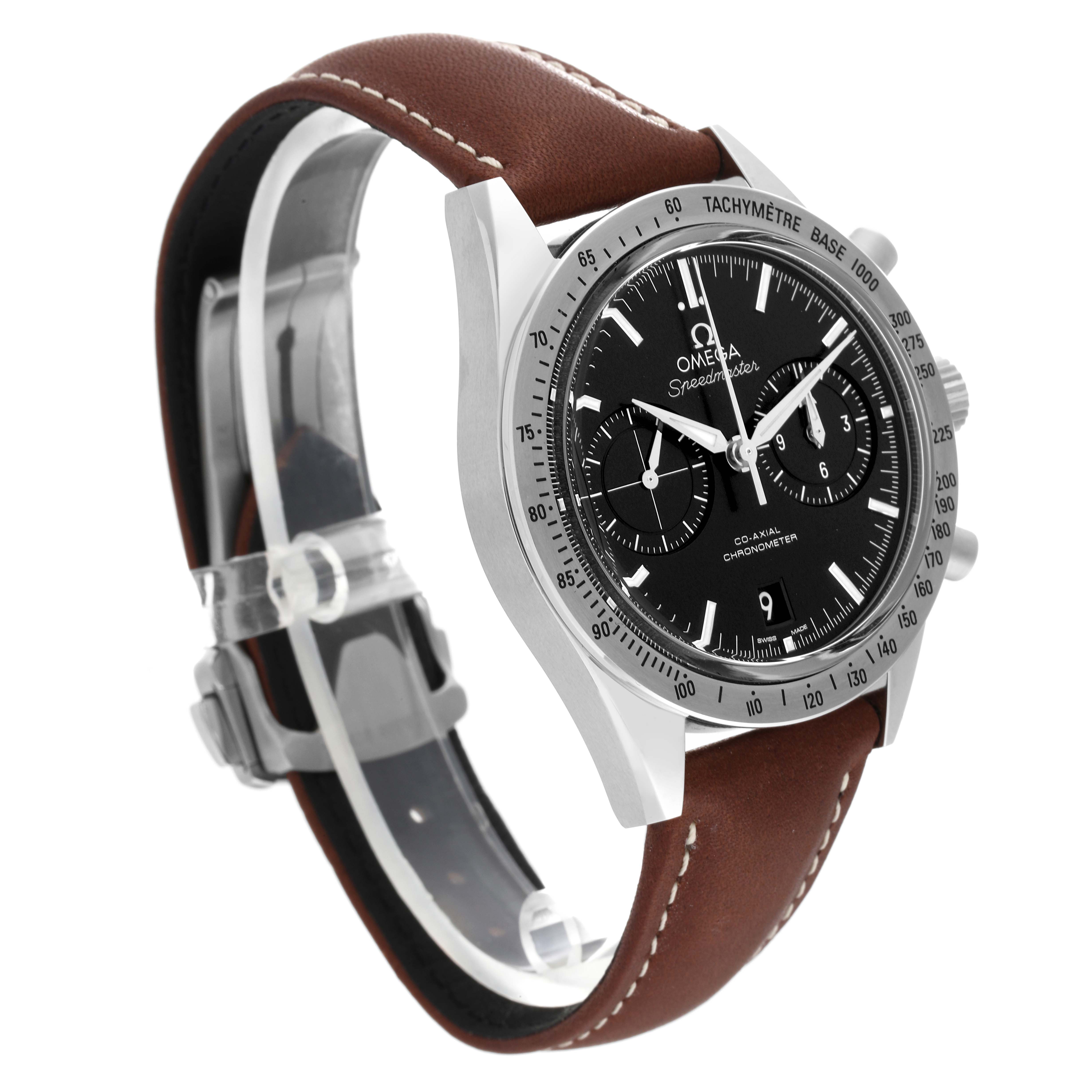 The image shows an Omega Speedmaster 331.12.42.51.01.001 Men's Stainless Steel Black Dial 331.12.42.51.01.001 Men's Stainless Steel Black Dial watch at a slight angle, highlighting the case, bezel, dial, and brown leather strap.