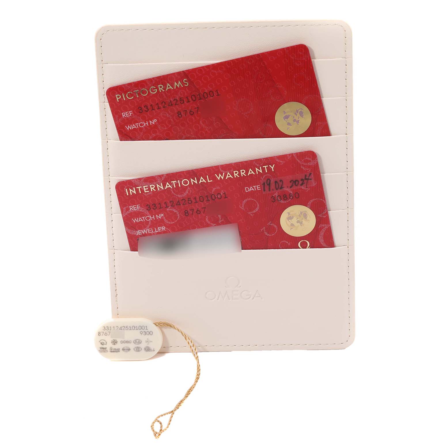 The image shows an Omega Speedmaster 331.12.42.51.01.001 Men's Stainless Steel Black Dial 331.12.42.51.01.001 Men's Stainless Steel Black Dial warranty card holder with International Warranty and Pictograms cards.