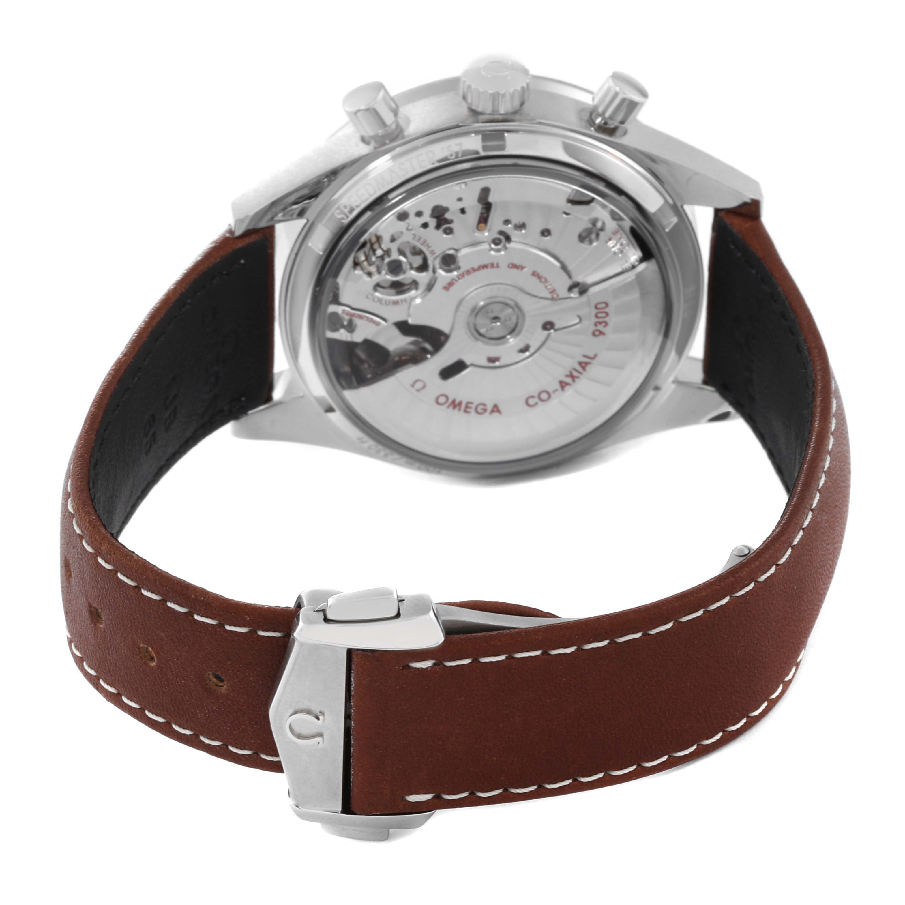 The image shows the back view of an Omega Speedmaster 331.12.42.51.01.001 Men's Stainless Steel Black Dial 331.12.42.51.01.001 Men's Stainless Steel Black Dial watch, highlighting its movement through a transparent case back and a brown leather strap.