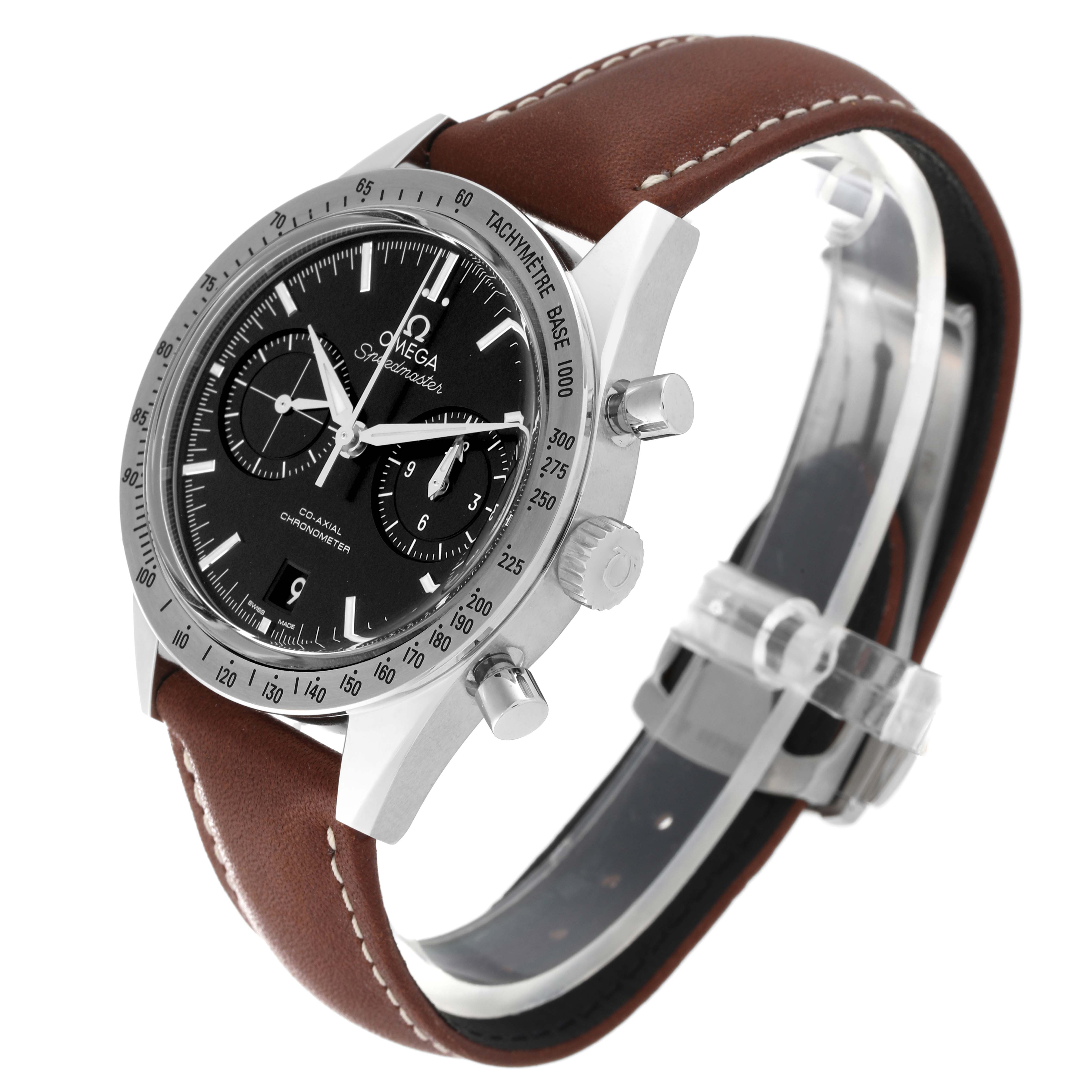 The image shows an Omega Speedmaster 331.12.42.51.01.001 Men's Stainless Steel Black Dial 331.12.42.51.01.001 Men's Stainless Steel Black Dial watch at a three-quarter angle highlighting the face, bezel, crown, pushers, and brown strap.