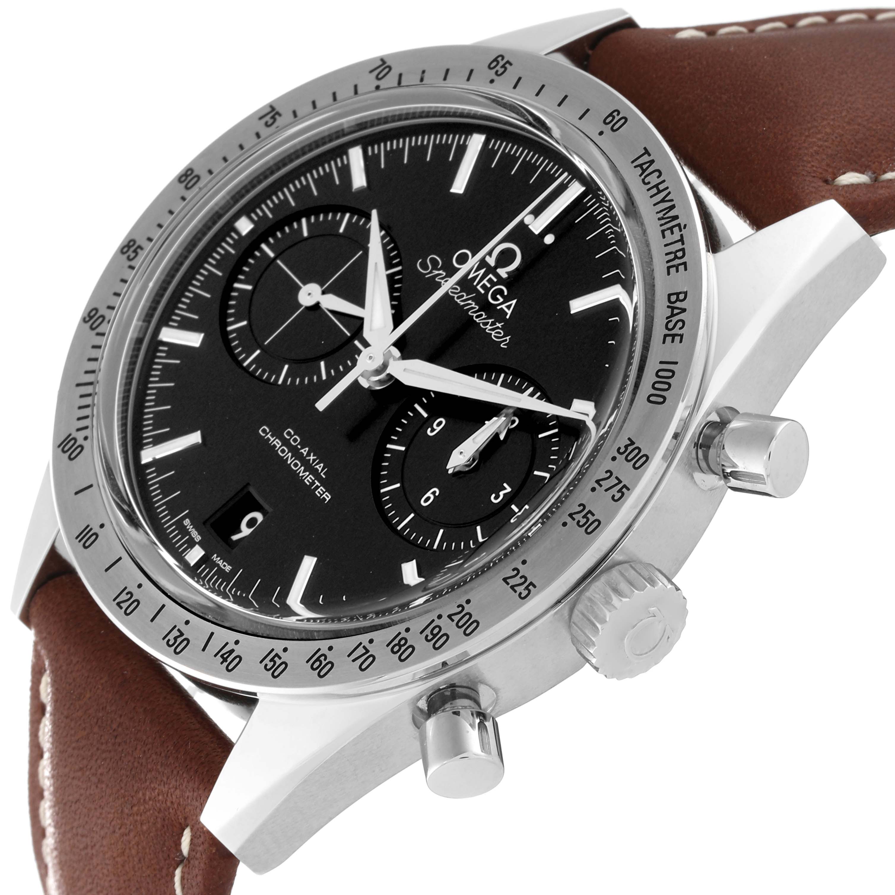 The Omega Speedmaster 331.12.42.51.01.001 Men's Stainless Steel Black Dial 331.12.42.51.01.001 Men's Stainless Steel Black Dial watch is shown at an angled close-up, displaying the dial, tachymeter bezel, crown, and brown leather strap.