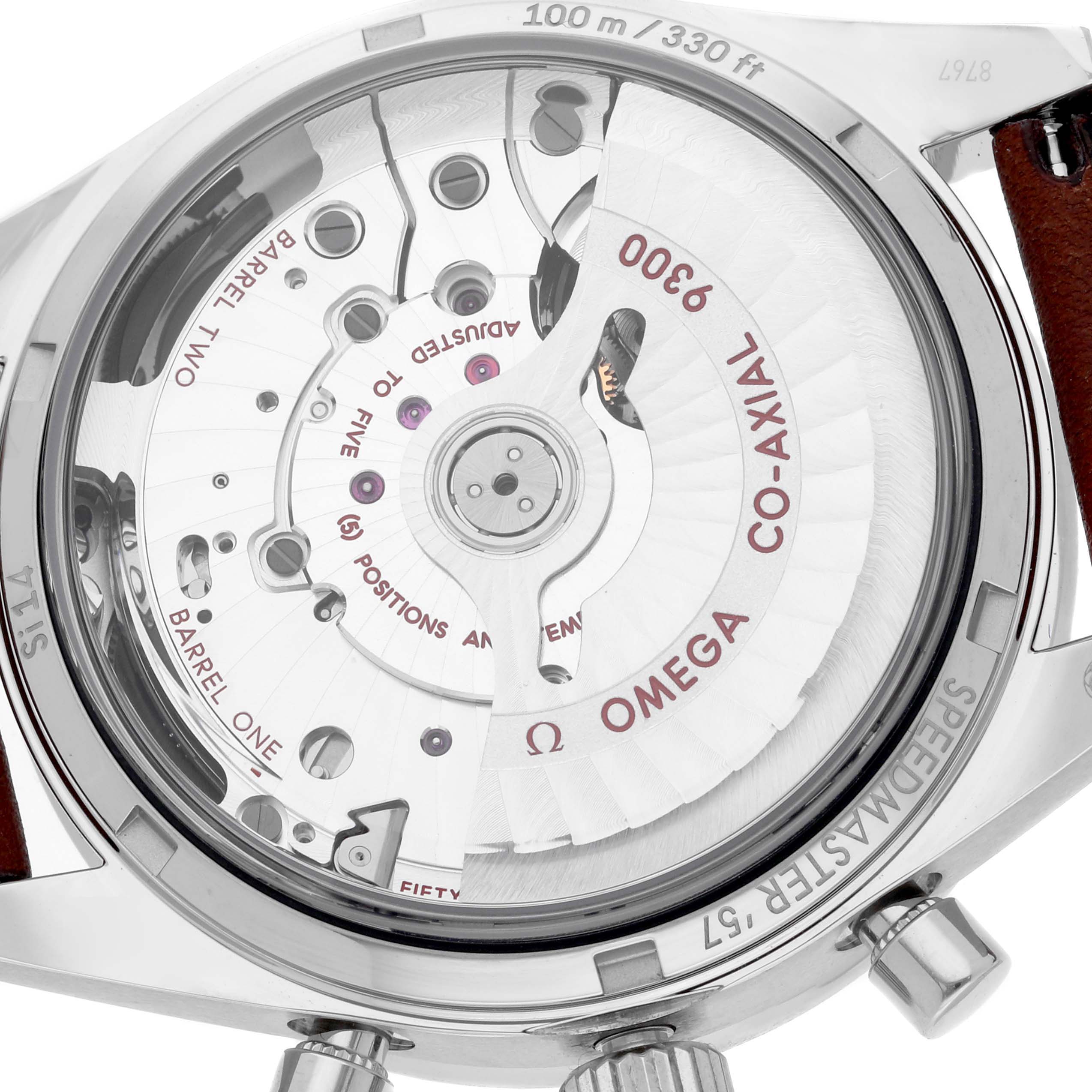 The image shows the back of an Omega Speedmaster 331.12.42.51.01.001 Men's Stainless Steel Black Dial 331.12.42.51.01.001 Men's Stainless Steel Black Dial, focusing on its Co-Axial movement and rotor.