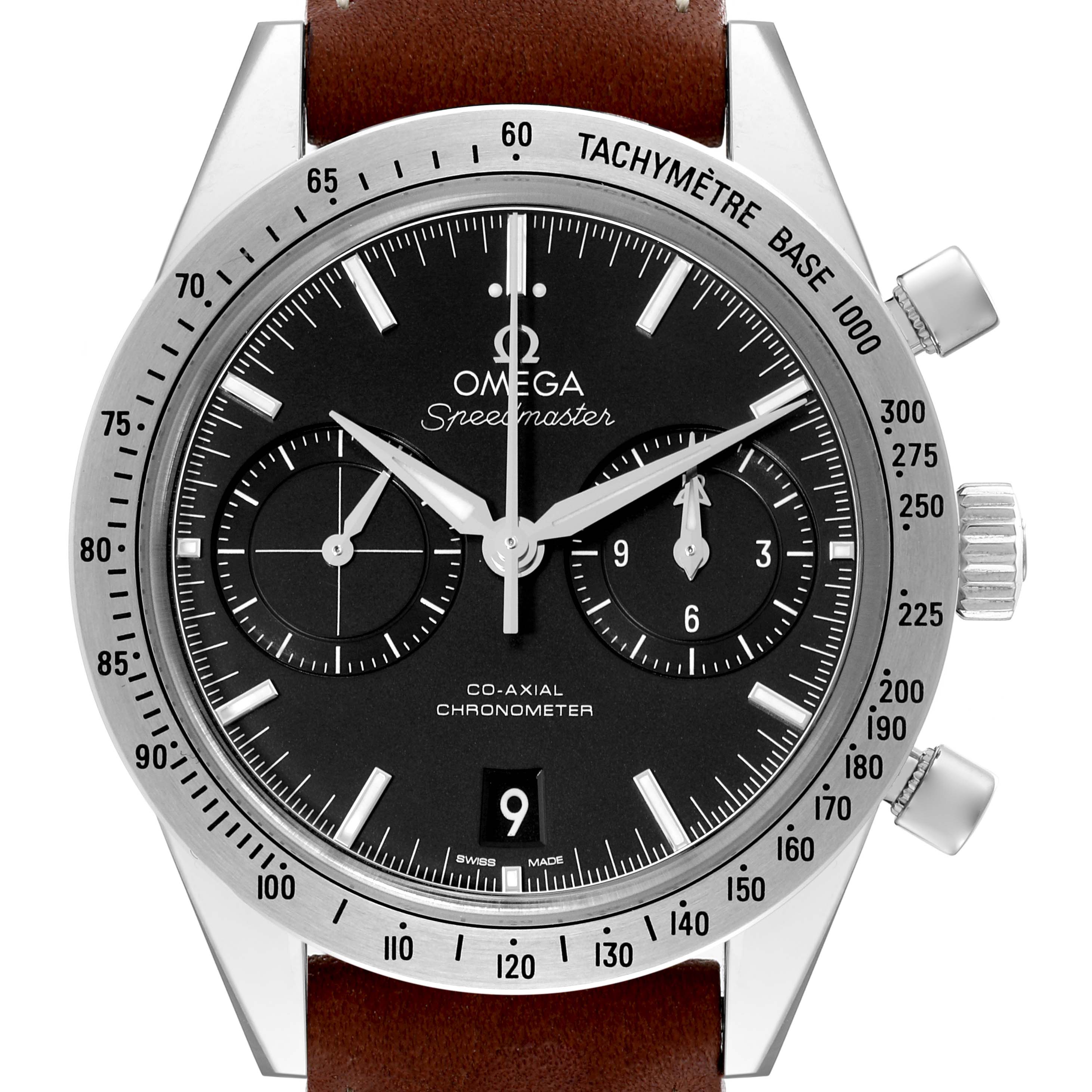 The Omega Speedmaster 331.12.42.51.01.001 Men's Stainless Steel Black Dial 331.12.42.51.01.001 Men's Stainless Steel Black Dial watch is shown from the front, displaying the dial, tachymeter bezel, chronograph subdials, and crown.