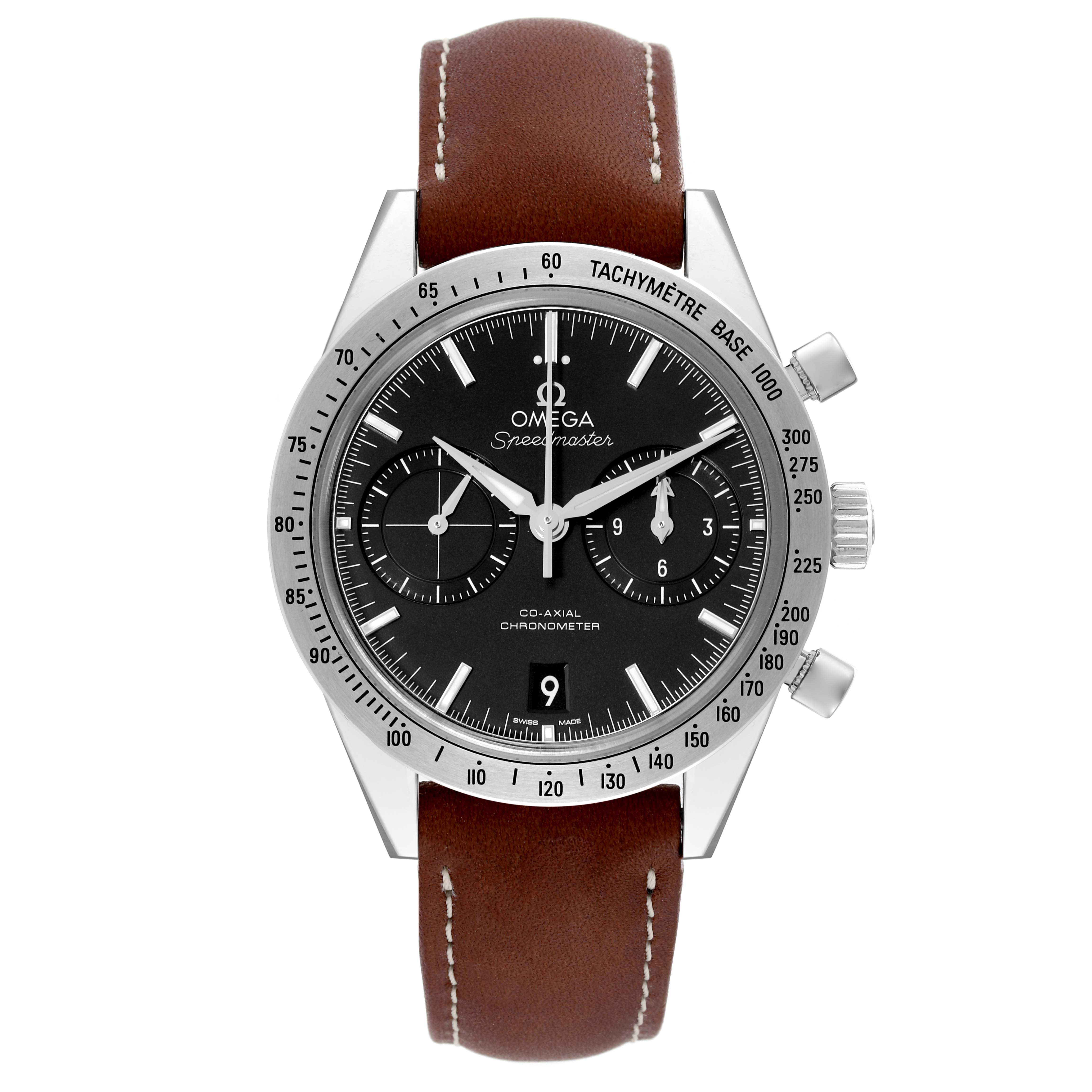 The Omega Speedmaster 331.12.42.51.01.001 Men's Stainless Steel Black Dial 331.12.42.51.01.001 Men's Stainless Steel Black Dial watch is shown from a front angle, displaying its face, leather strap, and tachymeter bezel.