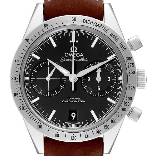 The image shows a frontal view of an Omega Speedmaster watch, displaying the dial, sub-dials, crown, and tachymeter bezel.