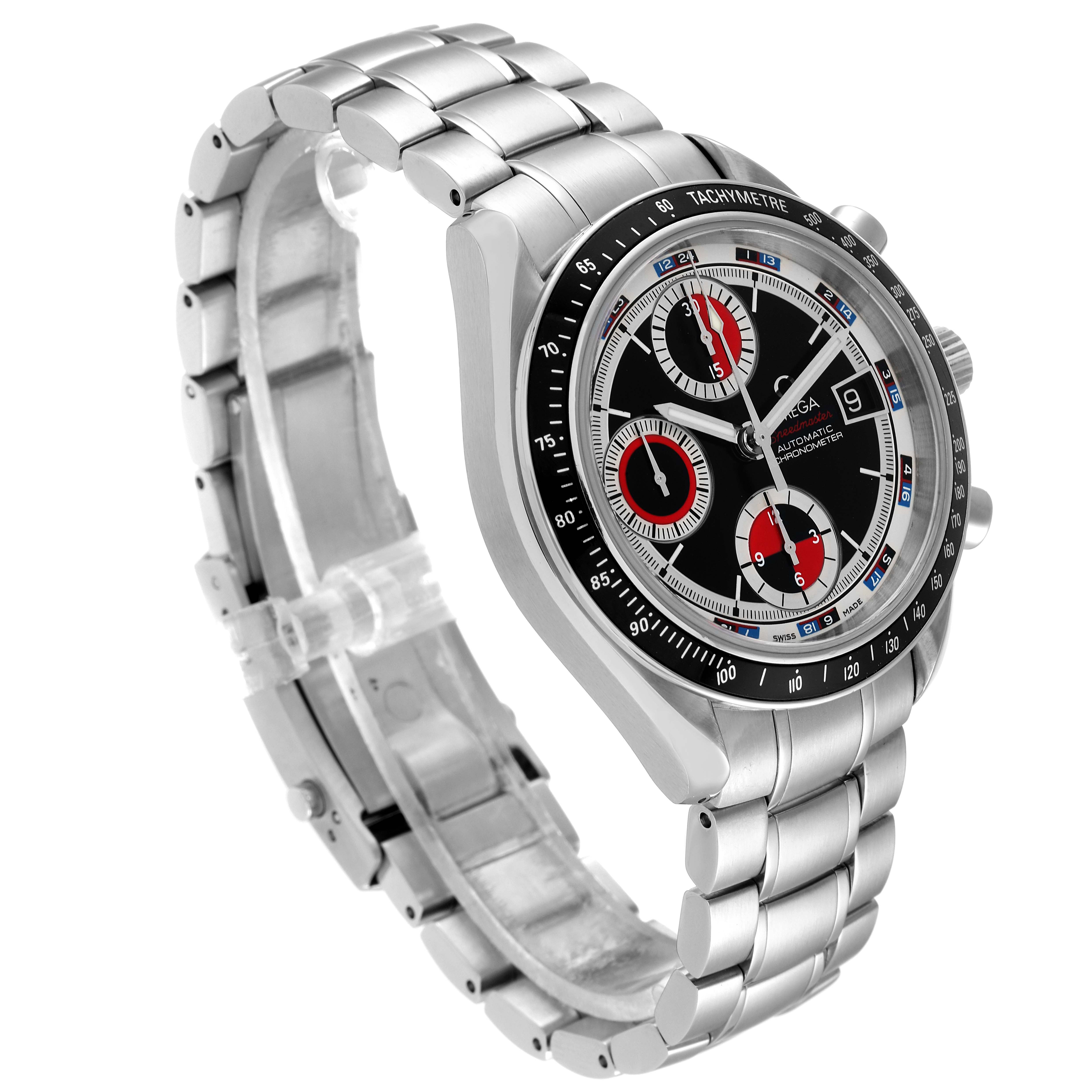 The image shows an Omega Speedmaster 3210.52.00 Men
s Stainless Steel Black Dial 3210.52.00 Men
s Stainless Steel Black Dial watch at a slight three-quarter angle, highlighting its dial, bezel, and stainless steel bracelet.