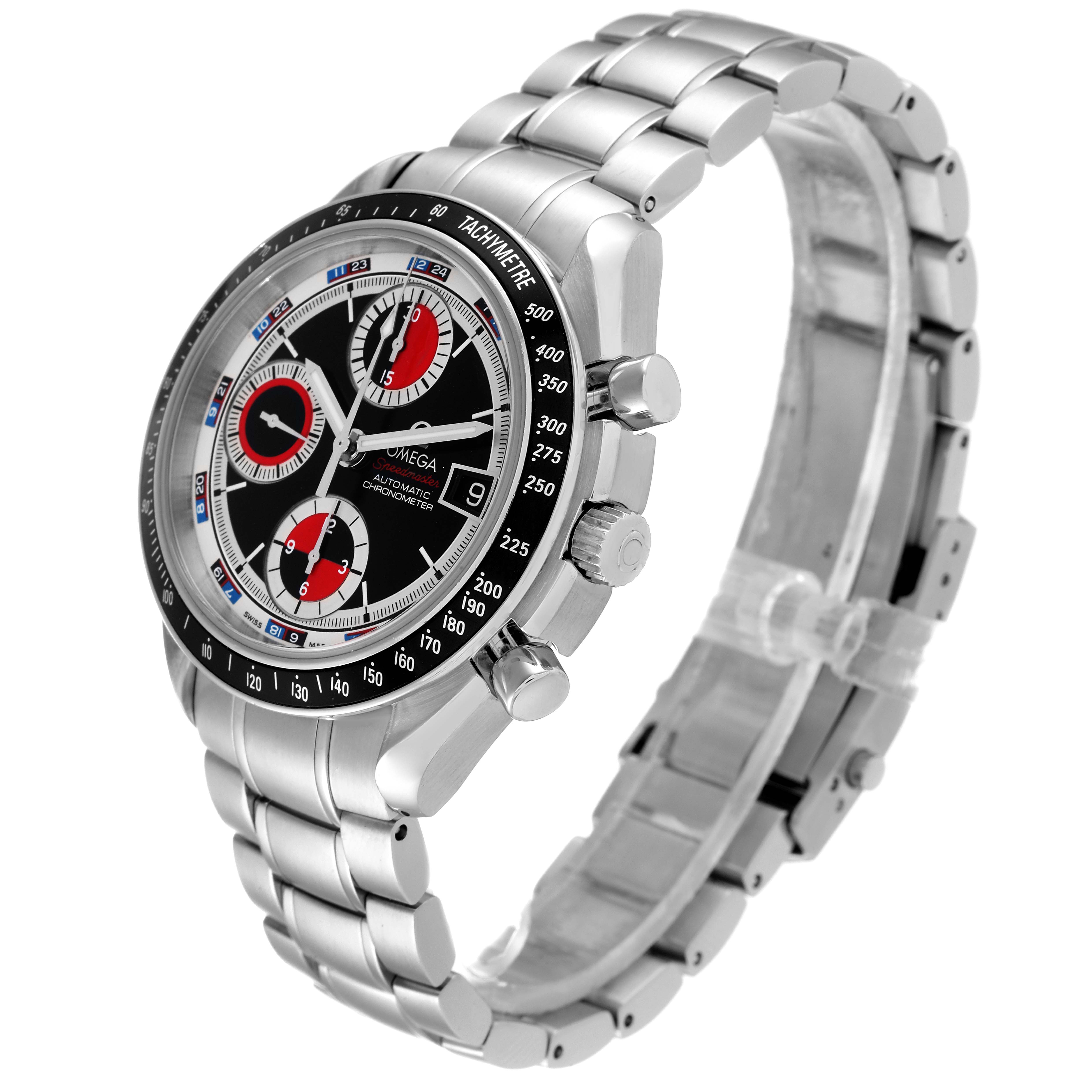 The image shows a side angle of an Omega Speedmaster 3210.52.00 Men
s Stainless Steel Black Dial 3210.52.00 Men
s Stainless Steel Black Dial watch, highlighting the face, bezel, pushers, crown, and stainless steel bracelet.