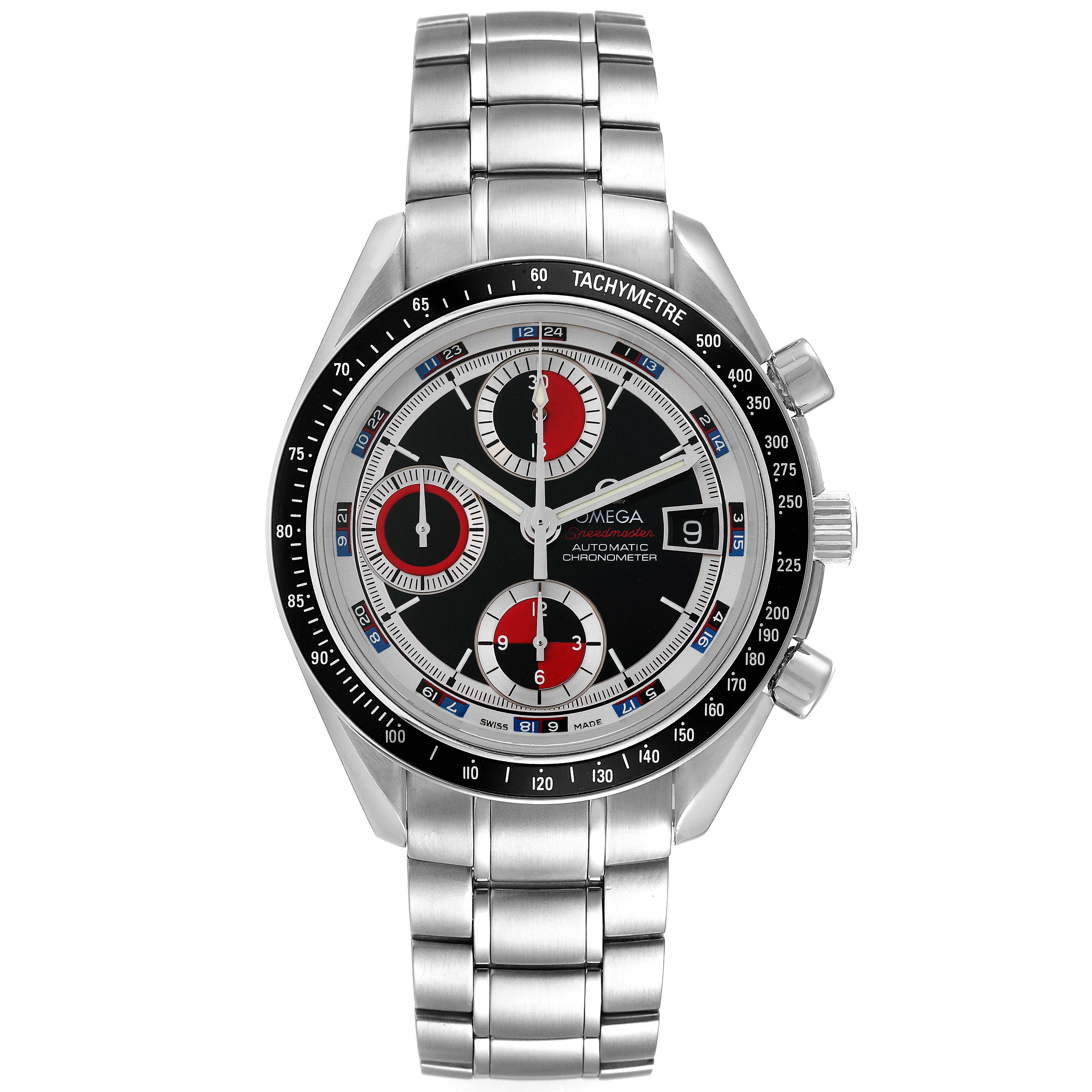 The Omega Speedmaster 3210.52.00 Men
s Stainless Steel Black Dial 3210.52.00 Men
s Stainless Steel Black Dial watch is shown from a front angle, displaying its dial, tachymeter bezel, and metal bracelet.