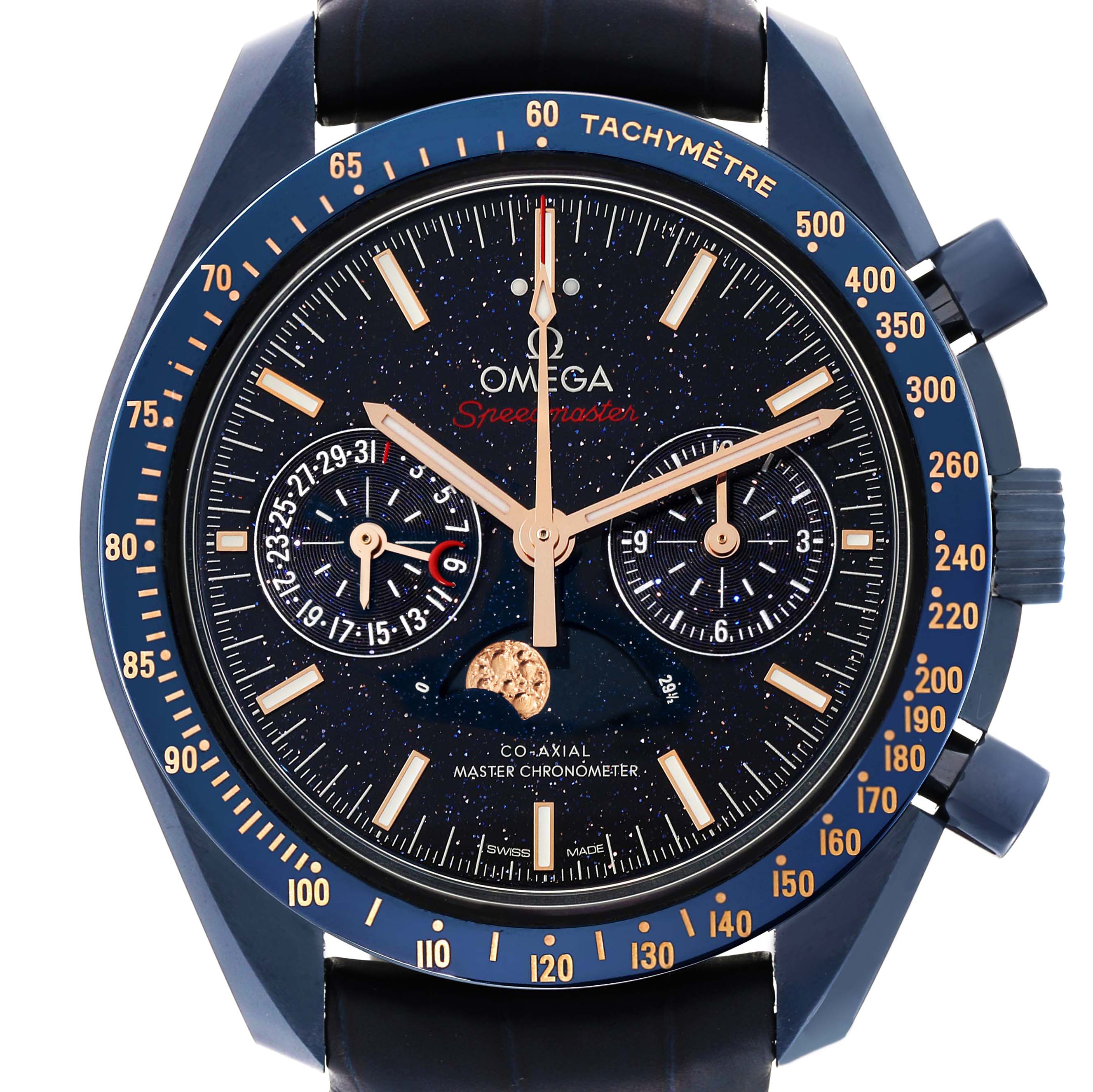 This Omega Speedmaster 304.93.44.52.03.002 Men's Ceramic Blue Dial 304.93.44.52.03.002 Men's Ceramic Blue Dial watch is shown from the front, displaying its dial, bezel, chronograph subdials, and tachymeter scale.