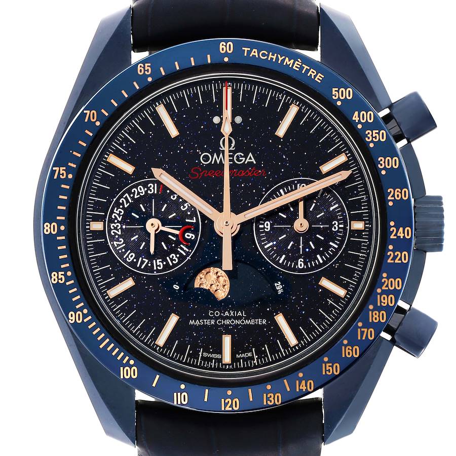 This Omega Speedmaster watch is shown from the front, displaying its dial, bezel, chronograph subdials, and tachymeter scale.