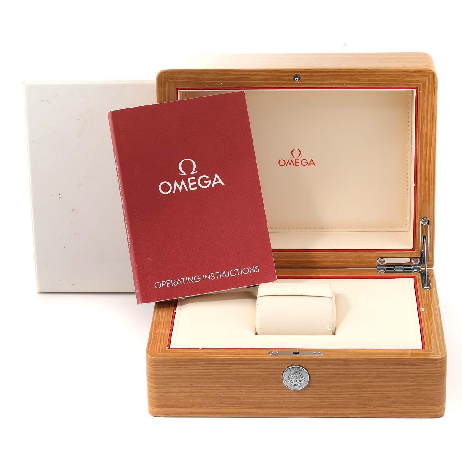 The image shows an open Omega Speedmaster 304.93.44.52.03.002 Men's Ceramic Blue Dial 304.93.44.52.03.002 Men's Ceramic Blue Dial wooden watch box with operating instructions prominently displayed.