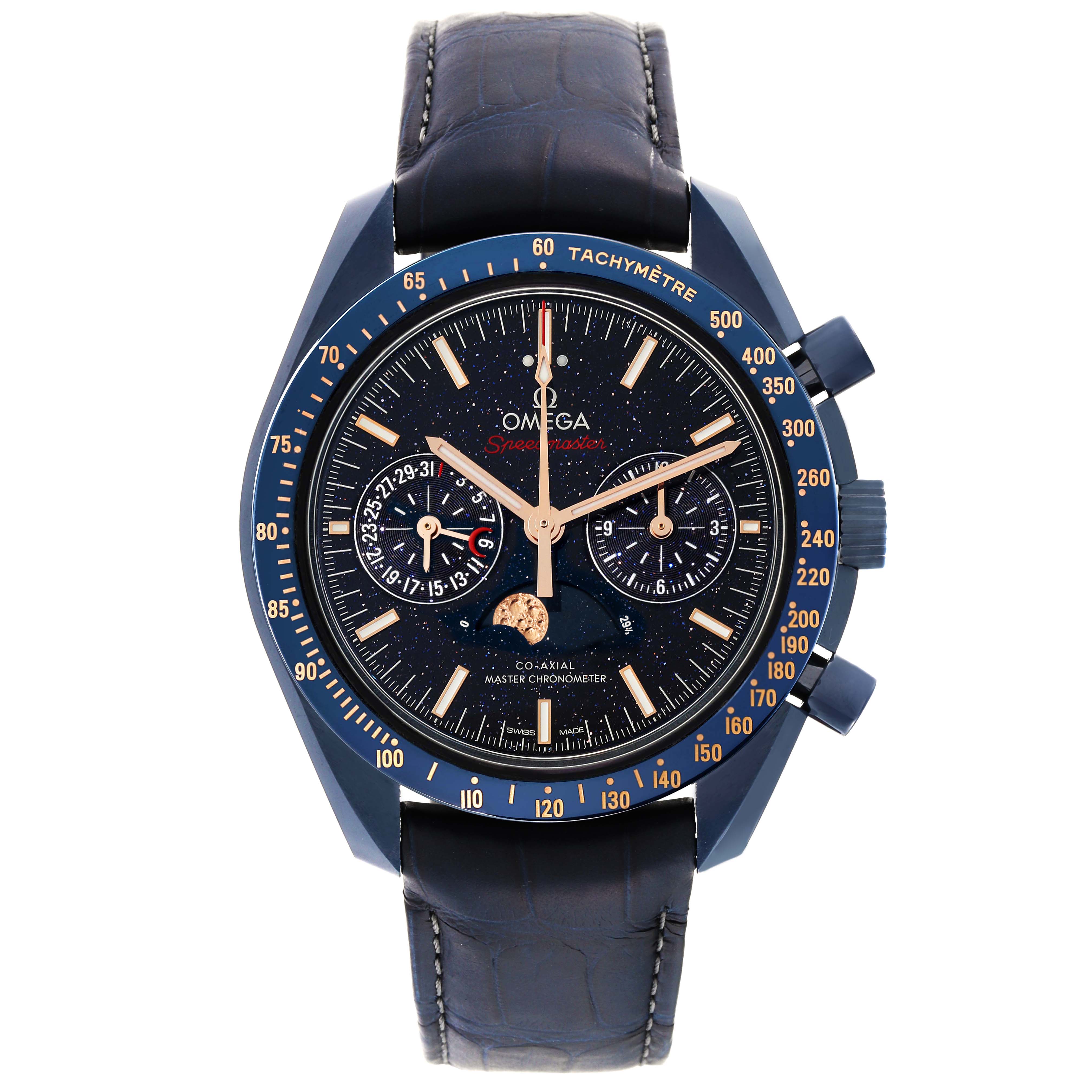 The image shows a front view of the Omega Speedmaster 304.93.44.52.03.002 Men's Ceramic Blue Dial 304.93.44.52.03.002 Men's Ceramic Blue Dial watch, displaying its face, bezel, subdials, and leather strap.