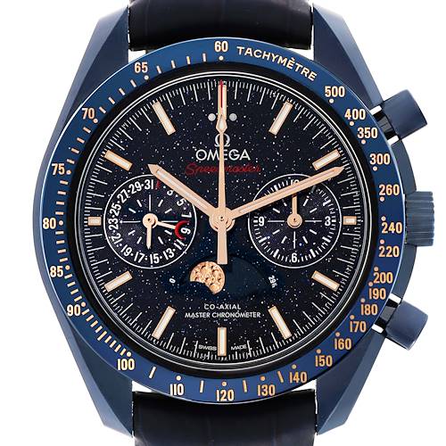 This image shows a frontal view of an Omega Speedmaster watch, highlighting the dial, subdials, and tachymeter bezel.