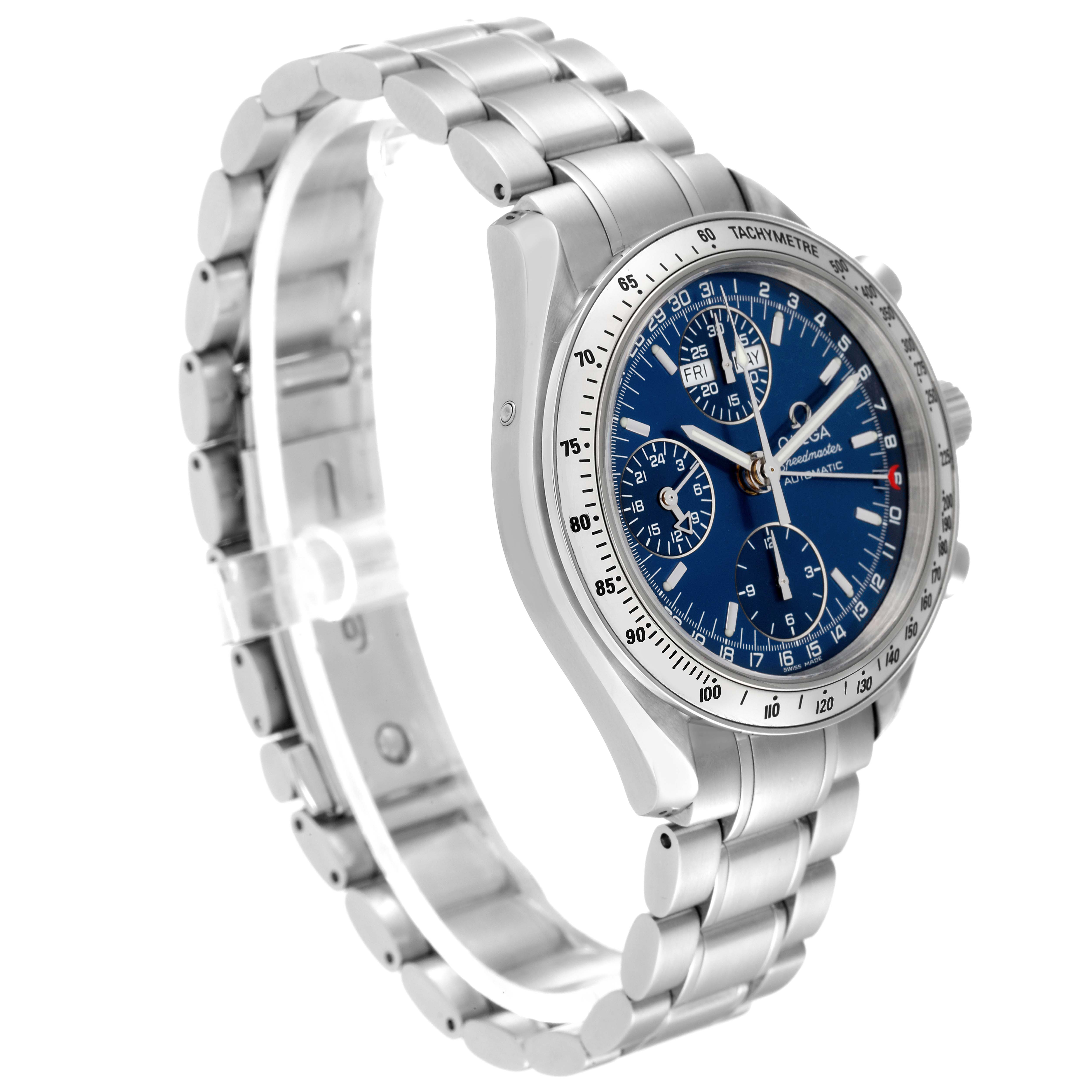 The Omega Speedmaster 3523.80.00 Men
s Stainless Steel Blue Dial 3523.80.00 Men
s Stainless Steel Blue Dial watch is shown from an angled side view, highlighting the dial, case, and bracelet.